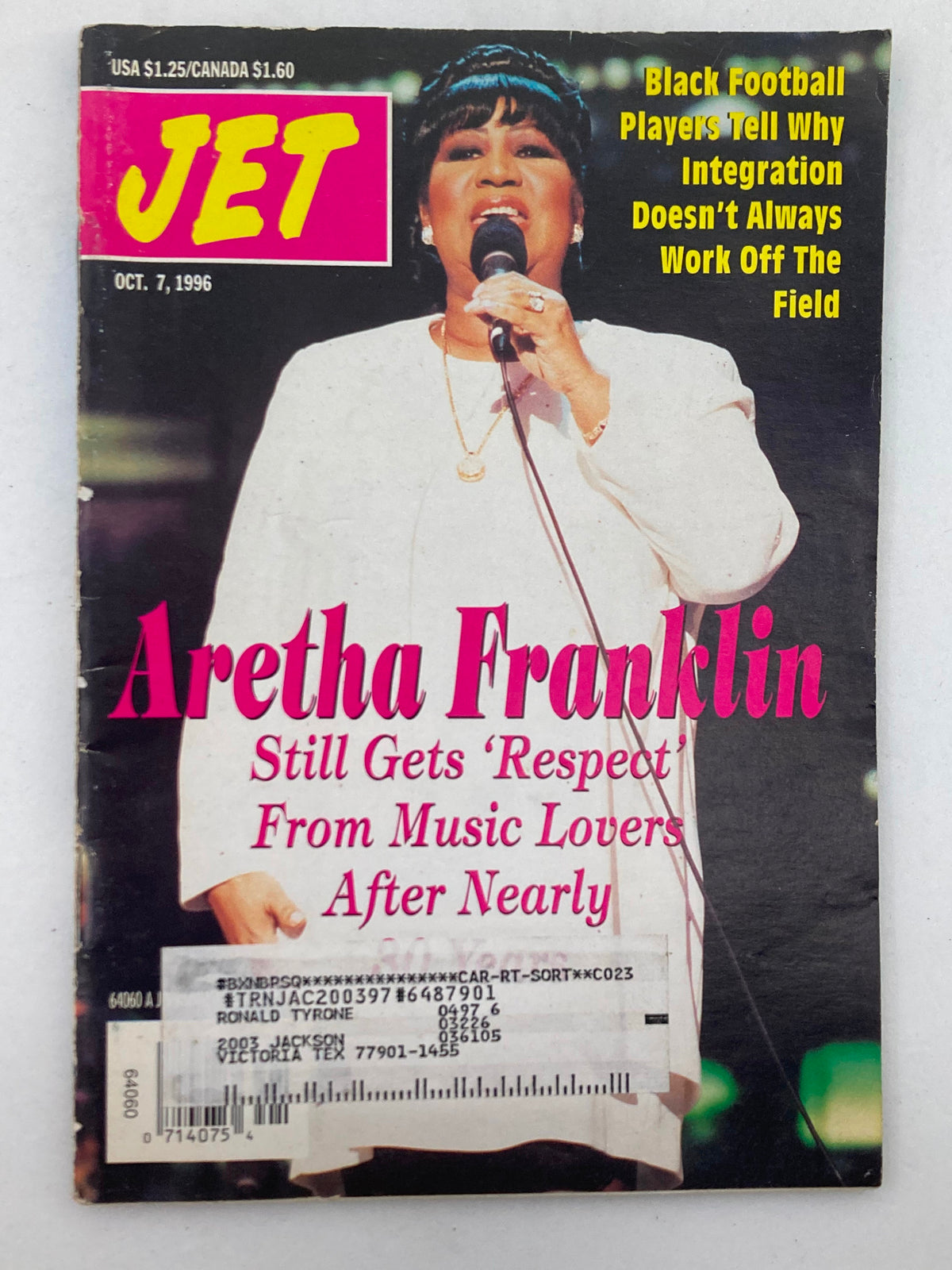 Jet Magazine October 7, 1996, Volume 90, #21 featuring Aretha Franklin on the cover, highlighting her musical legacy with the headline 'Aretha Franklin Still Gets Respect From Music Lovers After Nearly'. The magazine captures a moment in 90s culture with its vibrant design and significant articles.