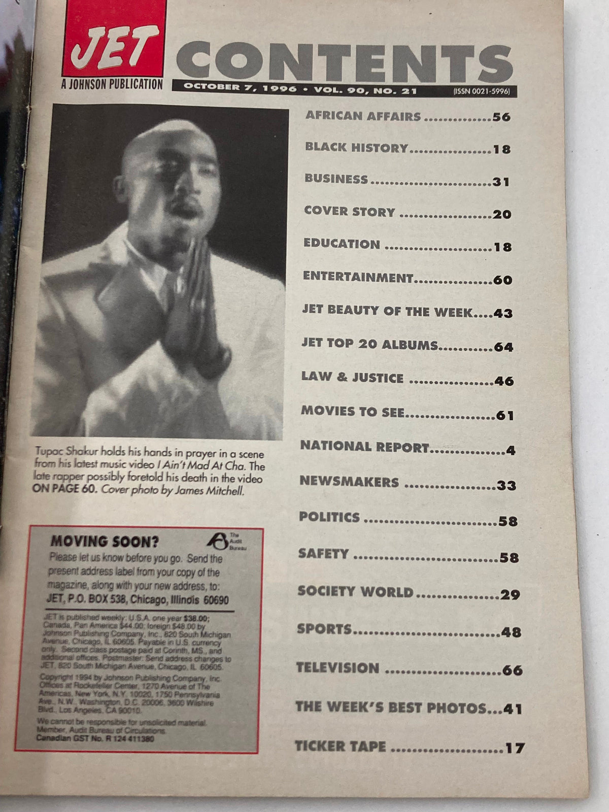 Contents page of Jet Magazine, October 7, 1996, Volume 90, #21, featuring Tupac Shakur praying in a scene from his music video 'I Ain't Mad At Cha'. Highlights various articles including African Affairs, Black History, and Entertainment.