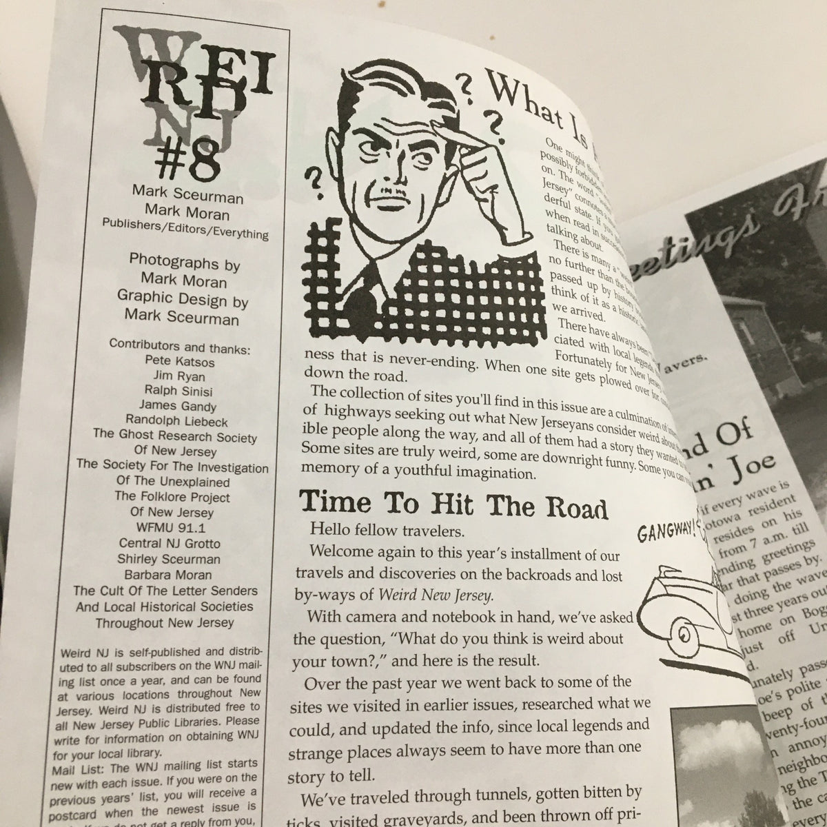 Inside page of Weird N.J. Magazine 1998 #8 showcasing the opening article with illustrations and info about New Jersey's bizarre attractions and local lore.