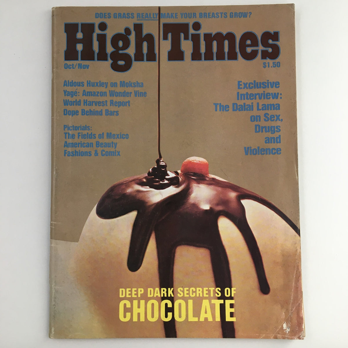 High Times Magazine October November #6 featuring the Dalai Lama Interview, showcasing a chocolate dessert on the cover with headlines including Aldous Huxley, drug culture, and more.
