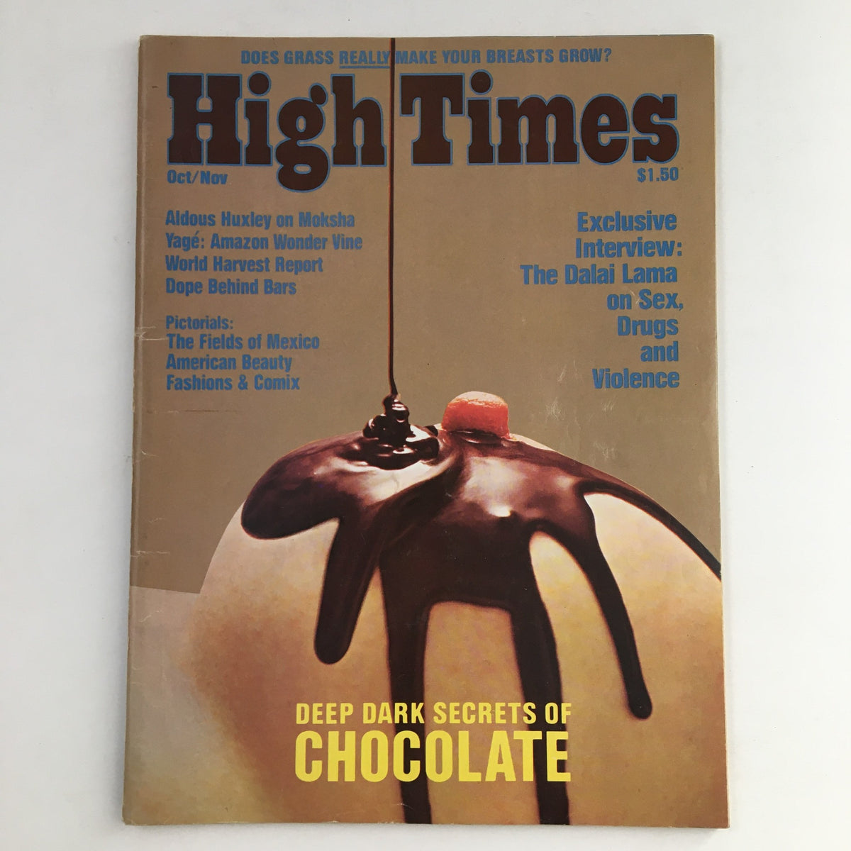 High Times Magazine Cover for October November issue featuring the title 'Deep Dark Secrets of Chocolate' with an image of a chocolate dessert, highlighting cannabis culture and its connection to chocolate.