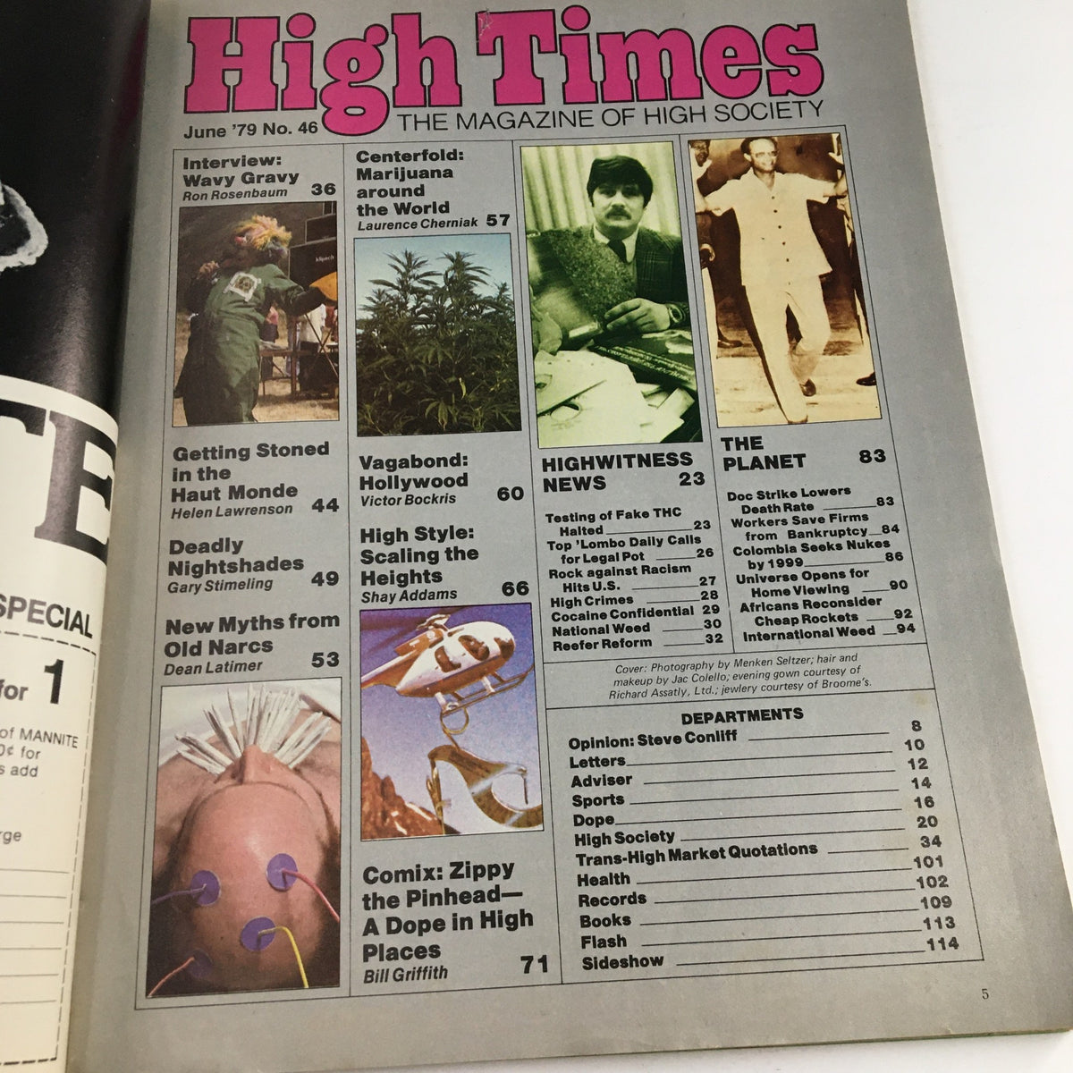 Interior page of High Times Magazine June 1979 displaying the Table of Contents with articles related to marijuana culture and notable names, providing insights into the era's cannabis awareness.