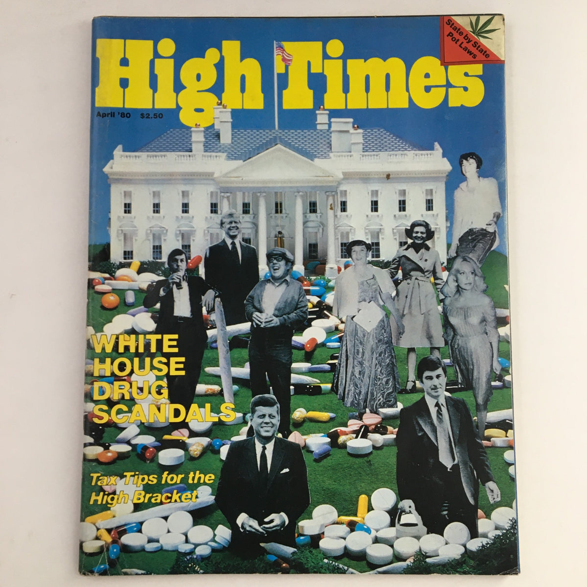 High Times Magazine April 1980 cover featuring the White House Drug Scandals, vibrant illustration with historic imagery and bold text.