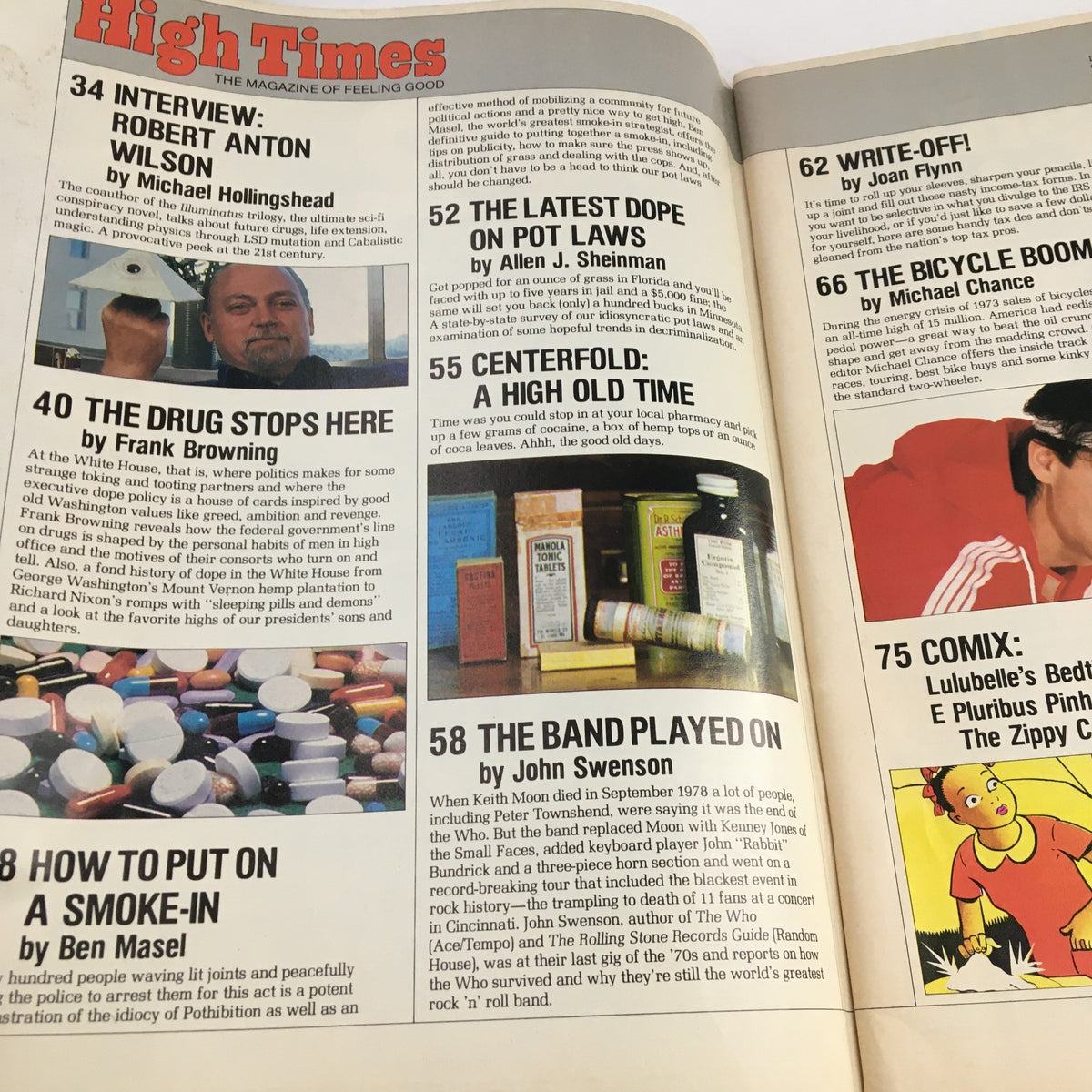Inside page of High Times Magazine April 1980 showcasing various articles including an interview and discussions on cannabis culture, with vivid imagery and layouts.