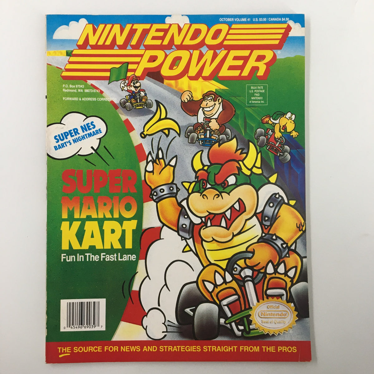 Nintendo Power Magazine, October 1992, Issue #41 featuring Super Mario Kart on the cover with vibrant artwork of Bowser and other characters, ideal for collectors.