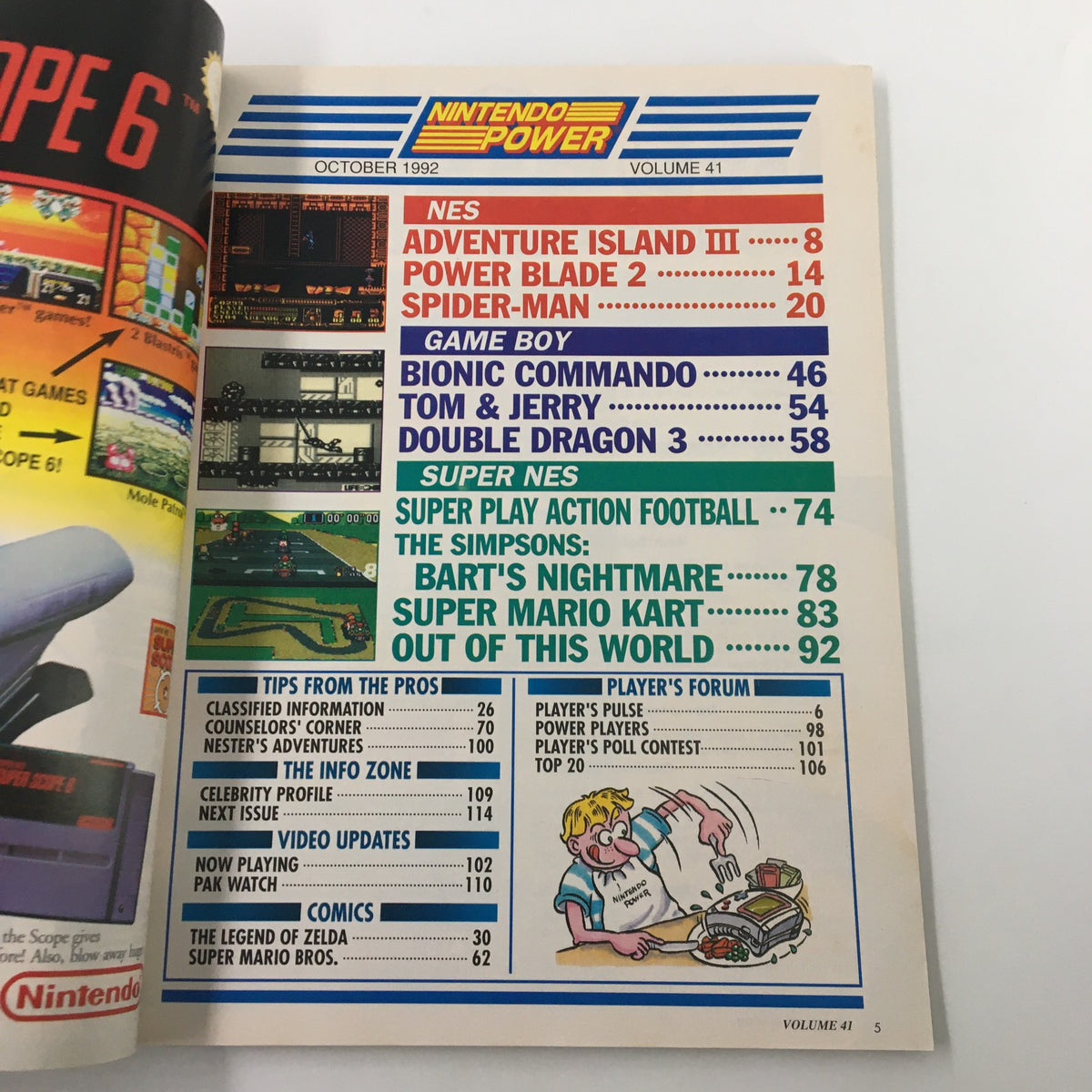 Interior page of Nintendo Power Magazine, October 1992, Issue #41 displaying the table of contents with featured games including Super Mario Kart, a collectible for vintage magazine enthusiasts.