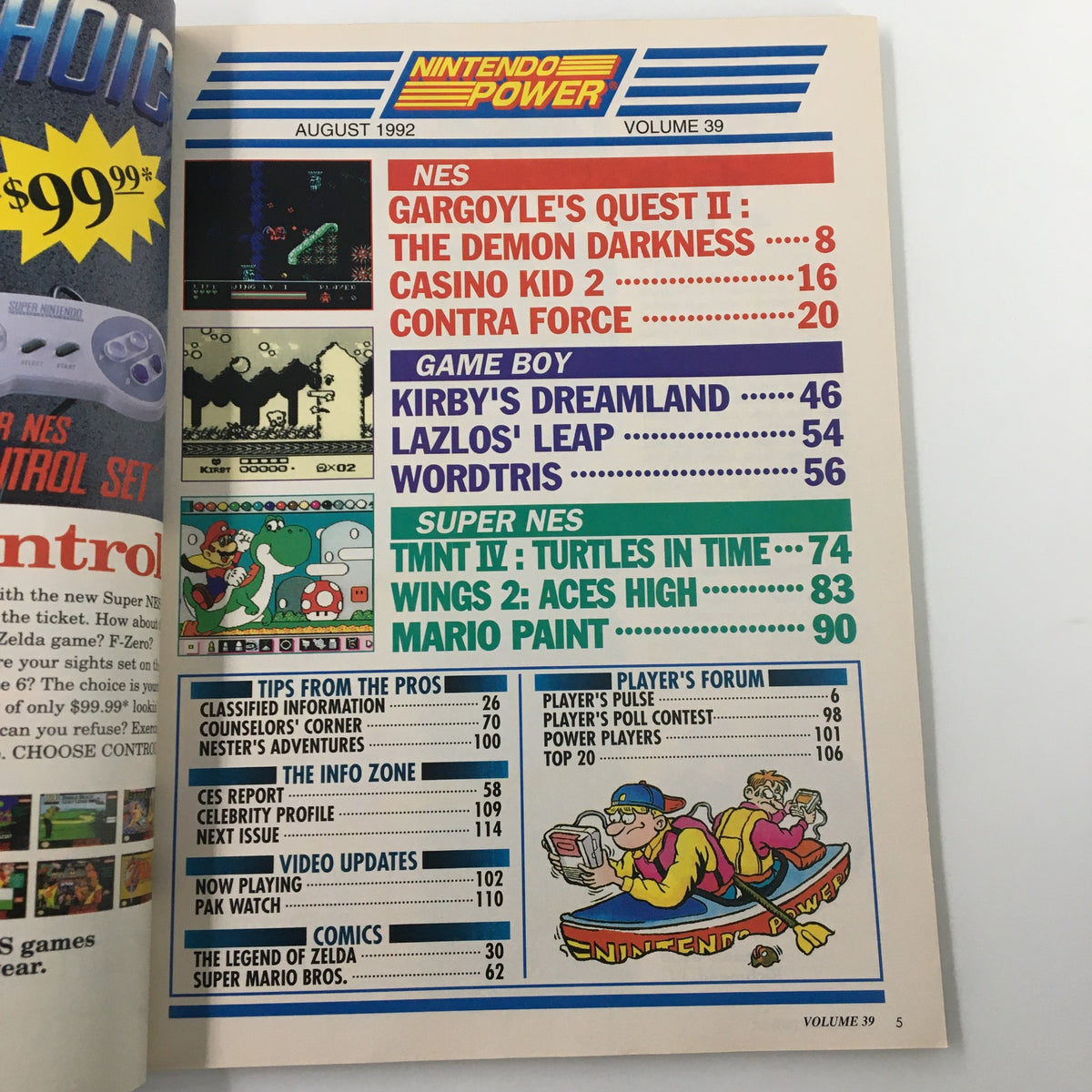 Table of contents page from Nintendo Power Magazine August 1992, Issue #39, listing featured articles including Mario Paint and game tips.