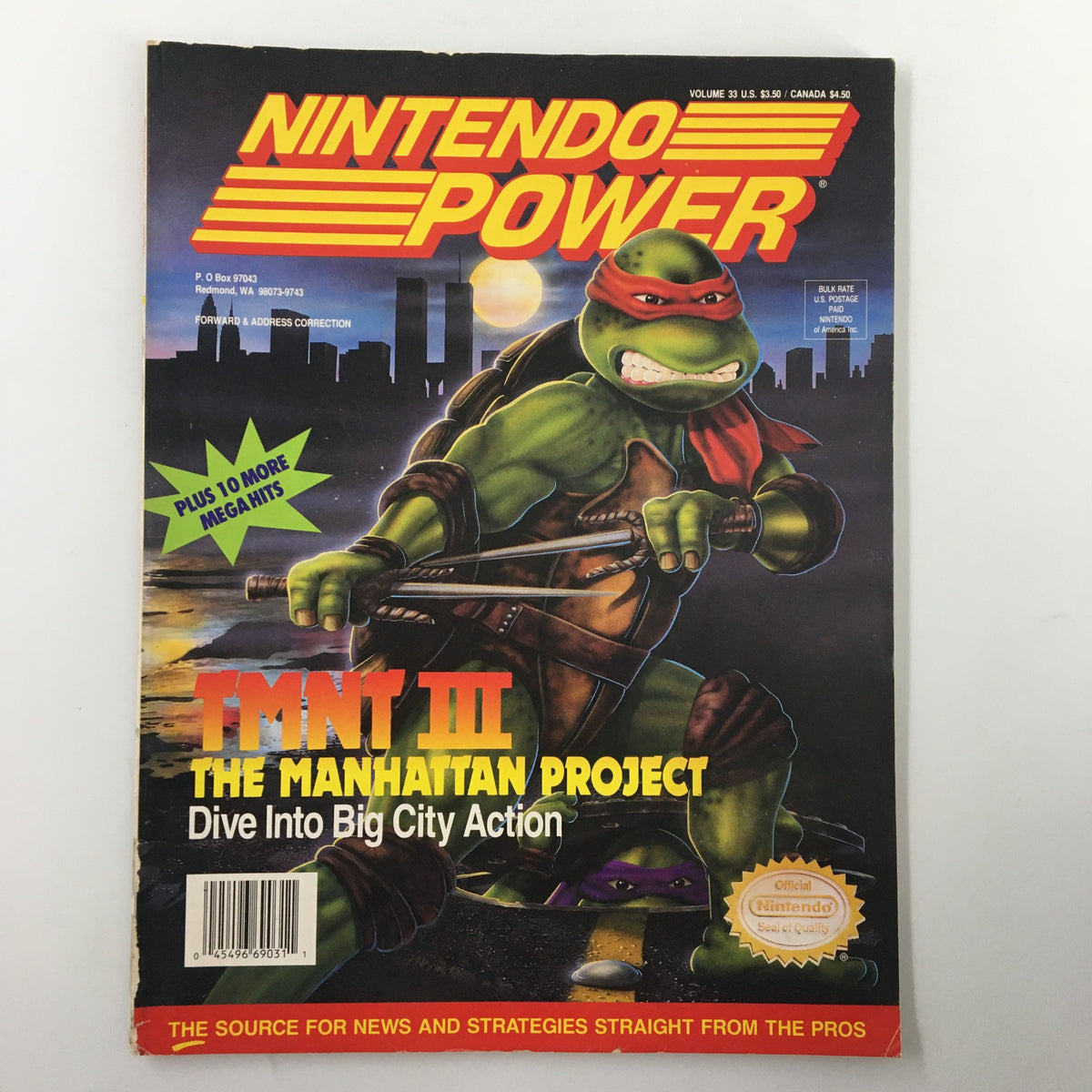 Cover of Nintendo Power Magazine February 1992 #33 featuring TMNT III The Manhattan Project, depicting a turtle character in action, part of vintage gaming collectible.