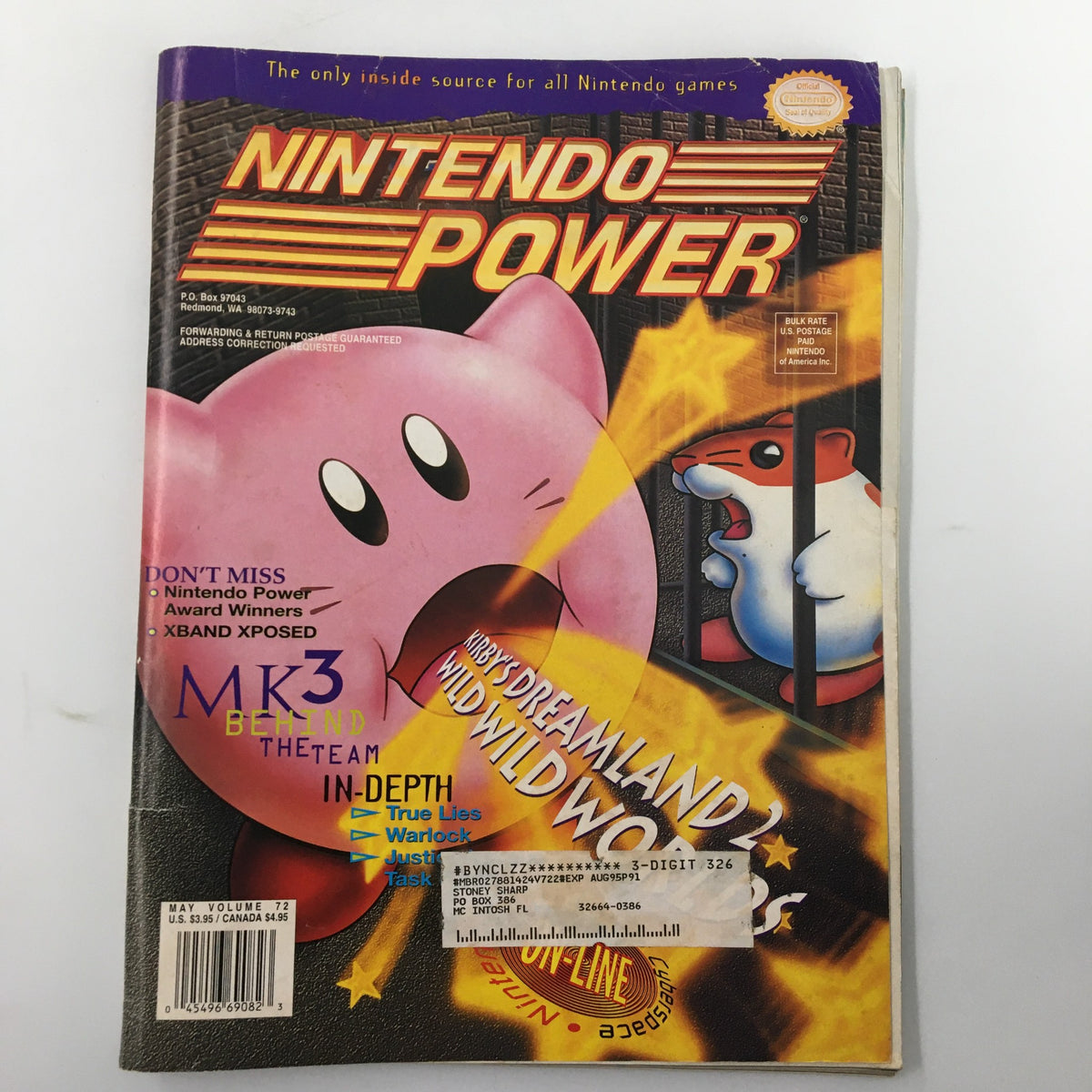 Cover of Nintendo Power Magazine May 1995, Issue #72 featuring Kirby from Kirby's Dreamland 2. Includes vibrant colors and promotional highlights.