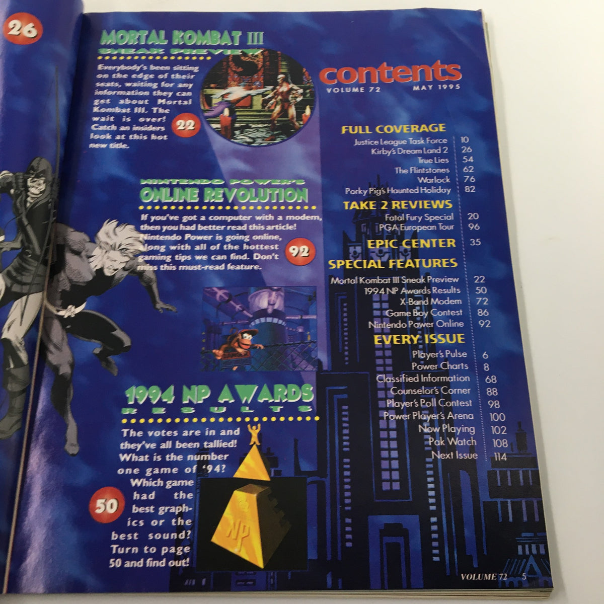 Contents page from the Nintendo Power Magazine May 1995 #72 featuring articles and reviews including Mortal Kombat III, showcasing the vibrant mid-90s gaming design.