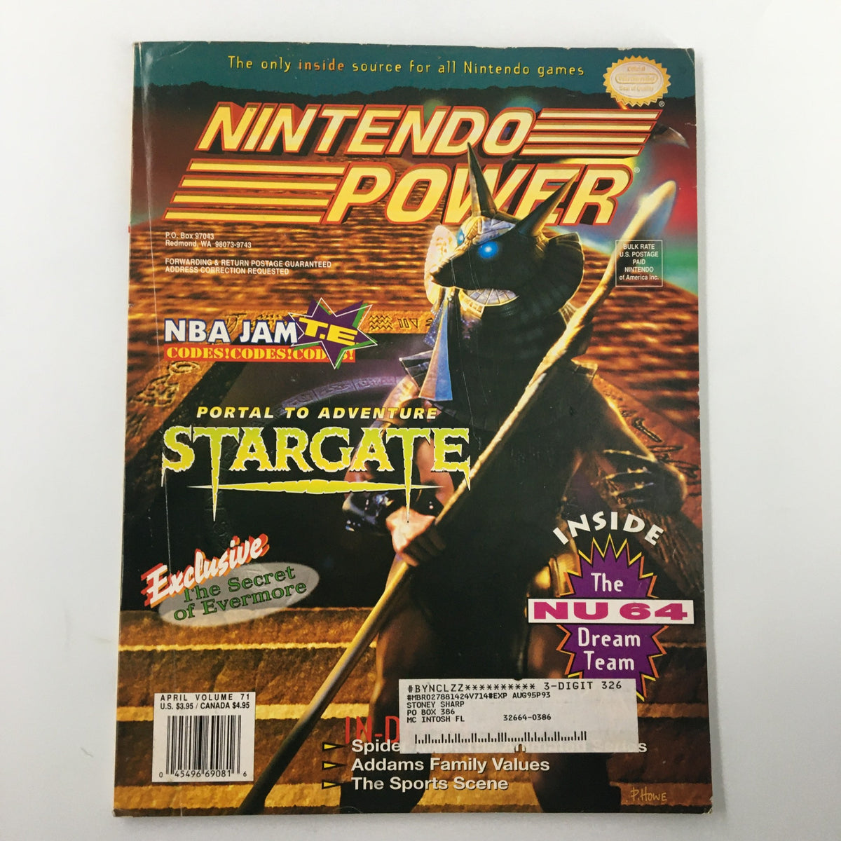 Cover of Nintendo Power Magazine April 1995 #71 featuring the title 'Portal to Adventure: Stargate' along with highlights of NBA Jam TE and exclusive tips for The Secret of Evermore.