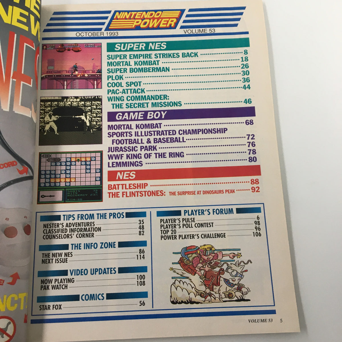 Table of contents from Nintendo Power Magazine October 1993 #53, showcasing featured articles and game highlights.