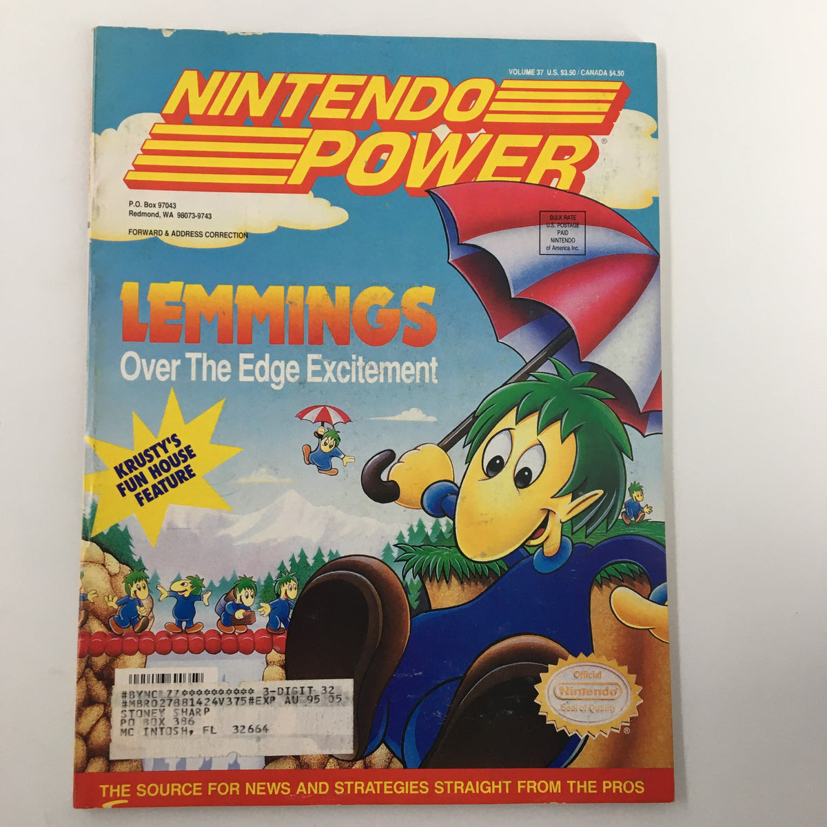 Cover of Nintendo Power Magazine June 1992 #37 featuring Lemmings Over The Edge Excitement, showcasing colorful illustrations and iconic characters.