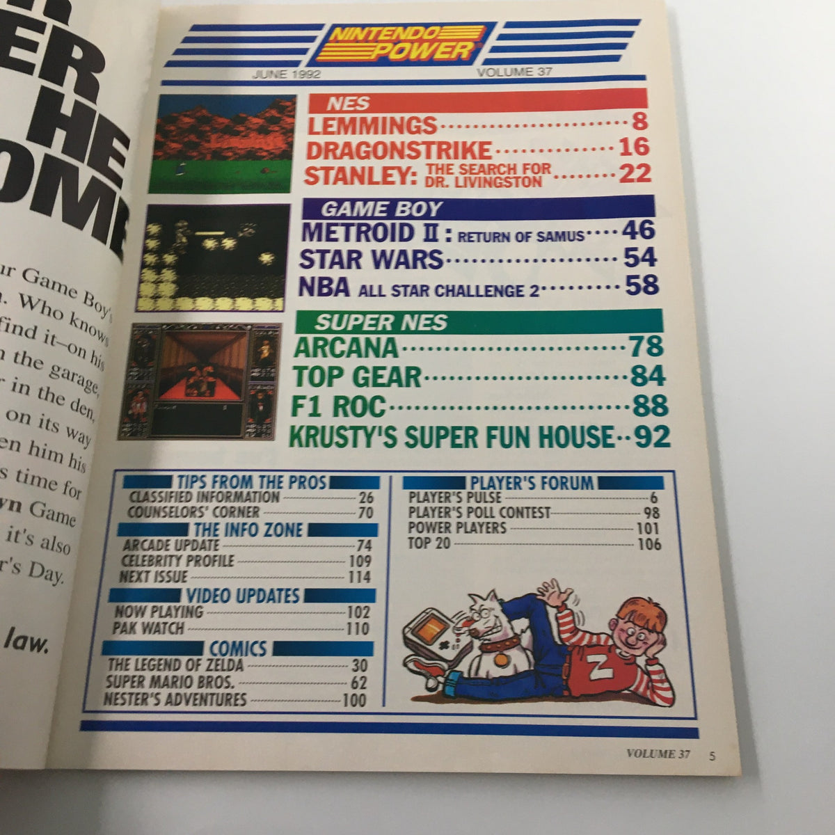 Page inside Nintendo Power Magazine June 1992 #37 displaying the table of contents with featured games and articles from the issue.