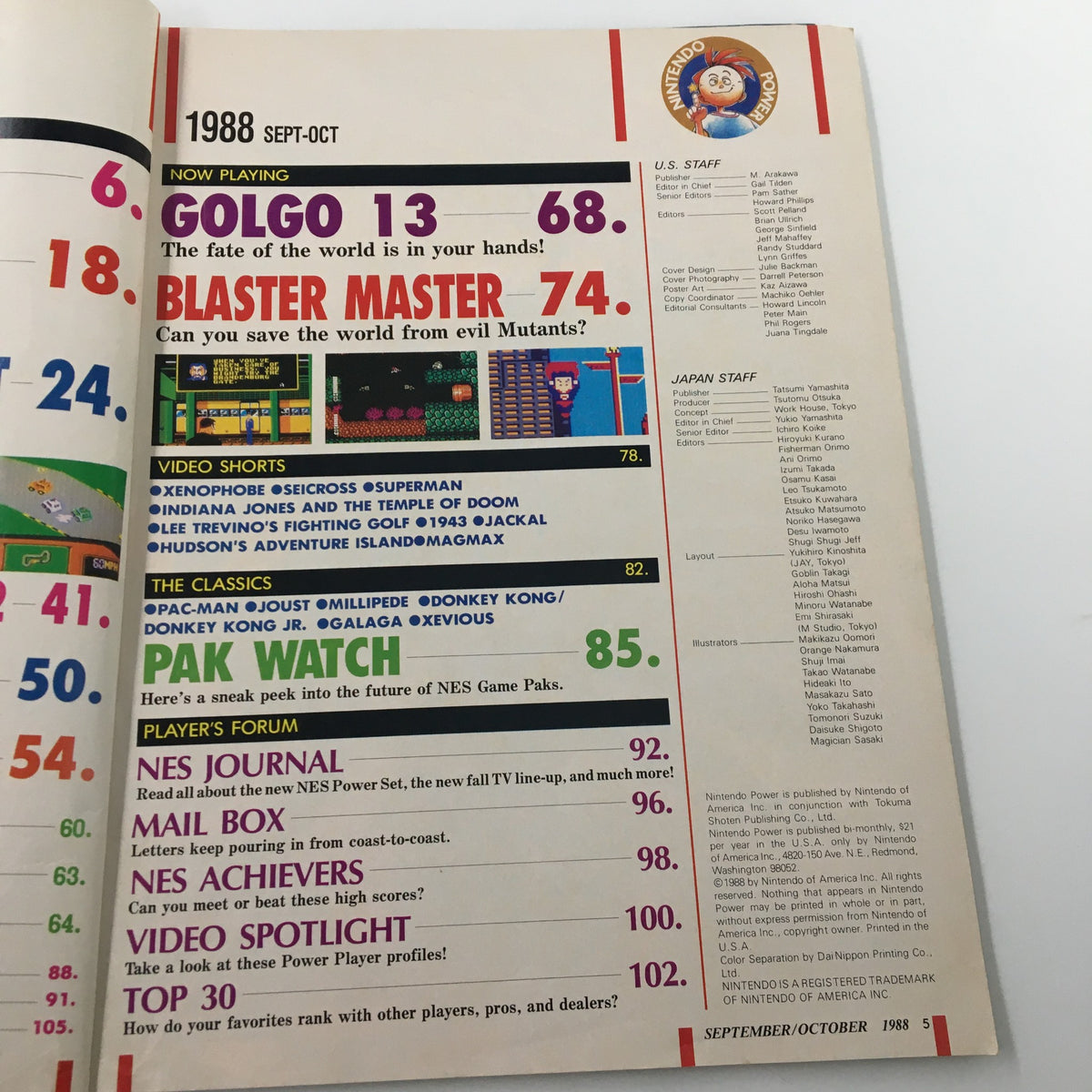 Another contents page from the Nintendo Power Magazine September 1988, listing games and articles, including Golgo 13 and Blaster Master.