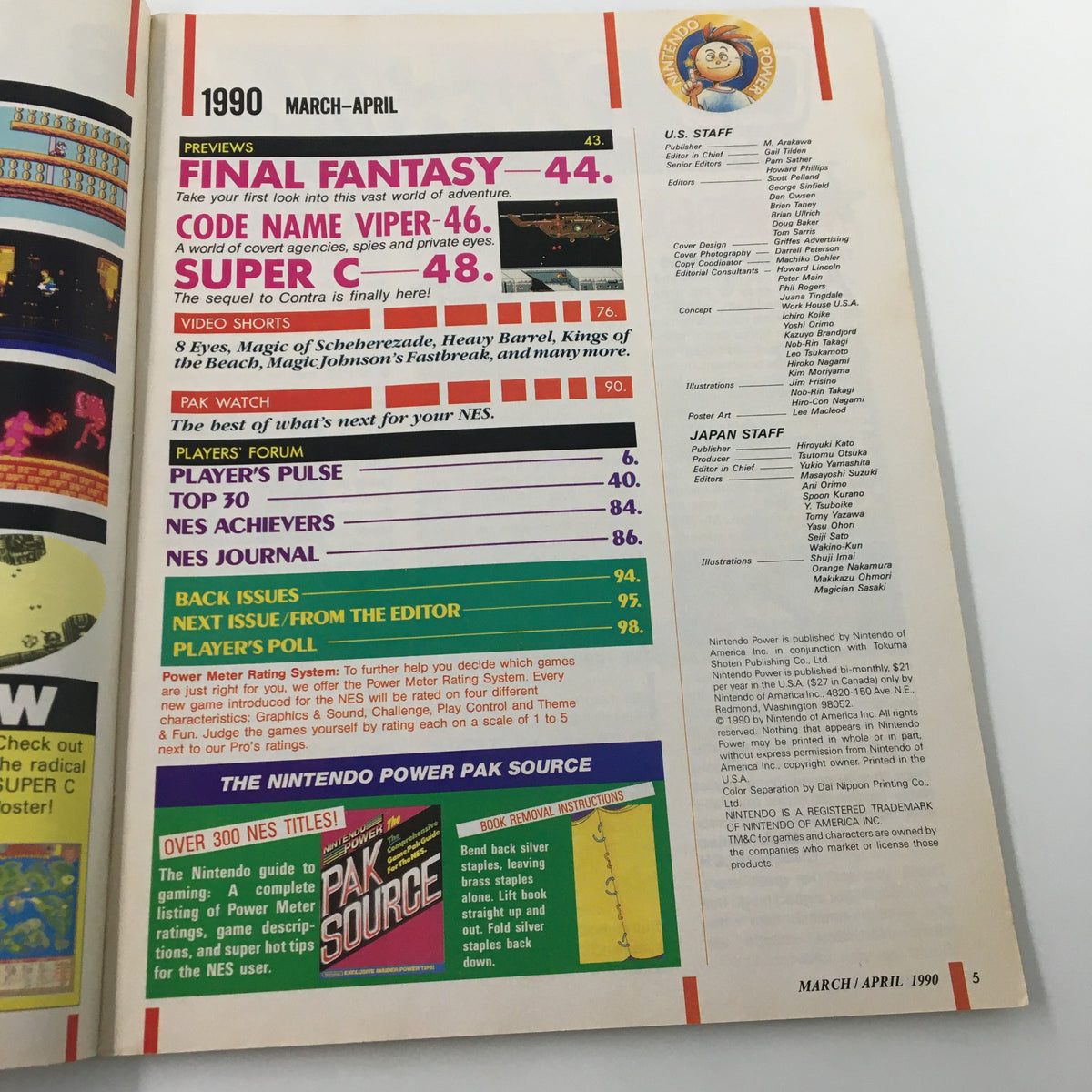 Preview layout page from Nintendo Power Magazine March 1990 showcasing Final Fantasy and Code Name Viper articles, emphasizing excitement for the NES gaming experience.