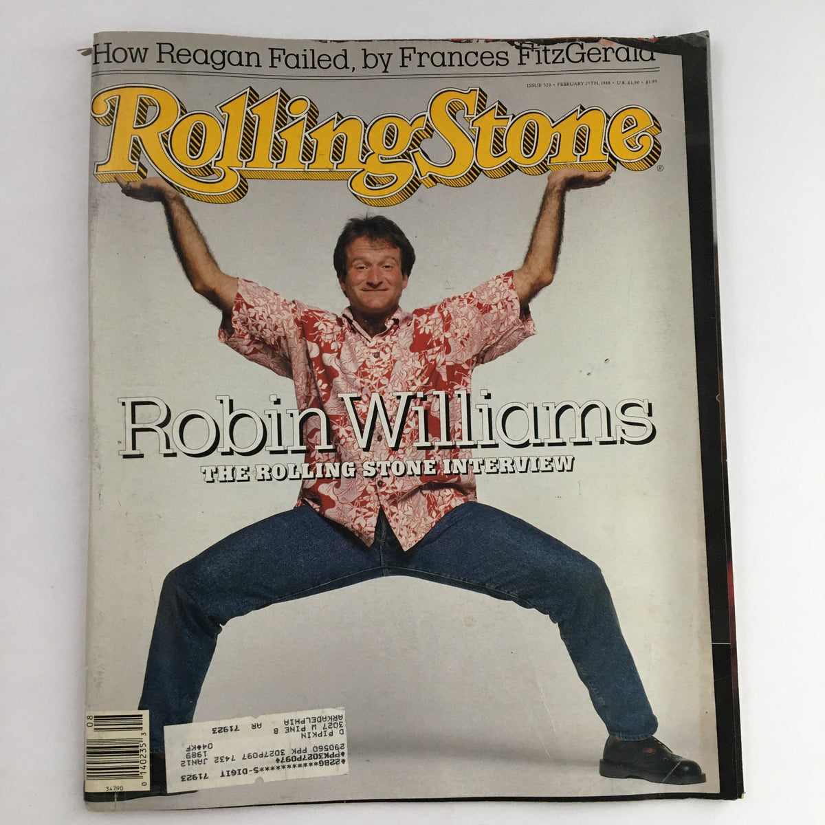 Rolling Stone Magazine cover featuring Robin Williams in a colorful shirt, showcasing the 1988 interview. The issue also discusses How Reagan Failed by Frances Fitzgerald.