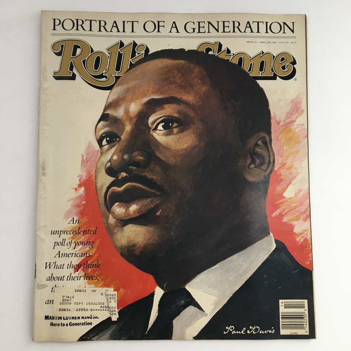 Cover of Rolling Stone Magazine, April 7, 1988, featuring a portrait of Martin Luther King Jr. with the headline 'Hero to a Generation'. This edition discusses an unprecedented poll of young Americans.