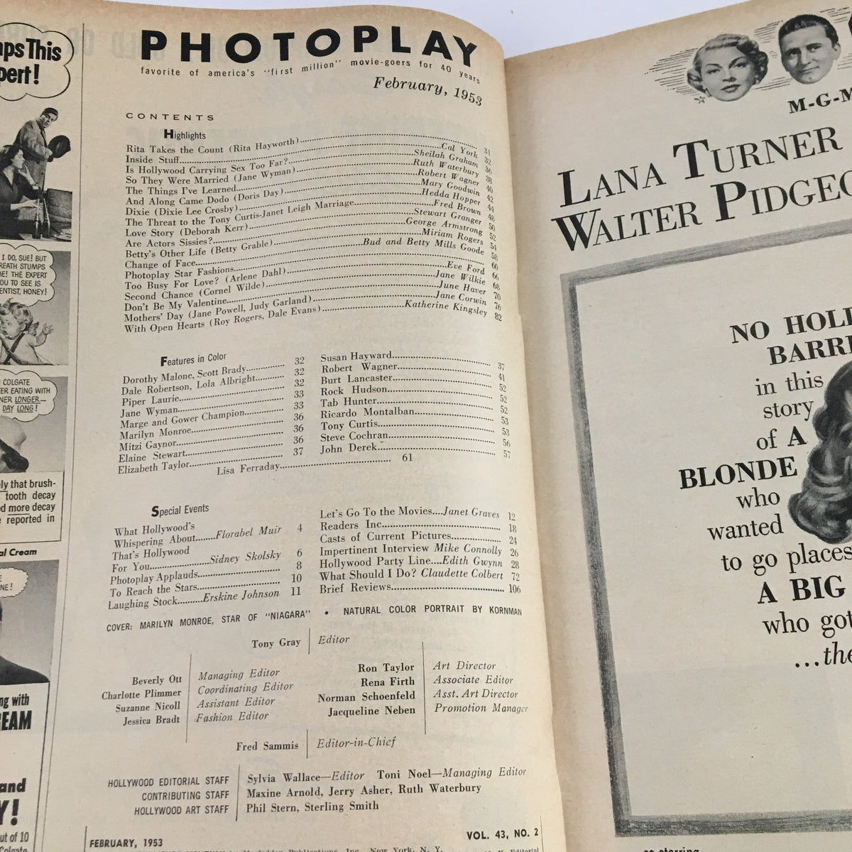 Inside page of the February 1953 edition of Photoplay Magazine displaying the contents and featured articles including those about Marilyn Monroe, Tony Curtis, and Janet Leigh.