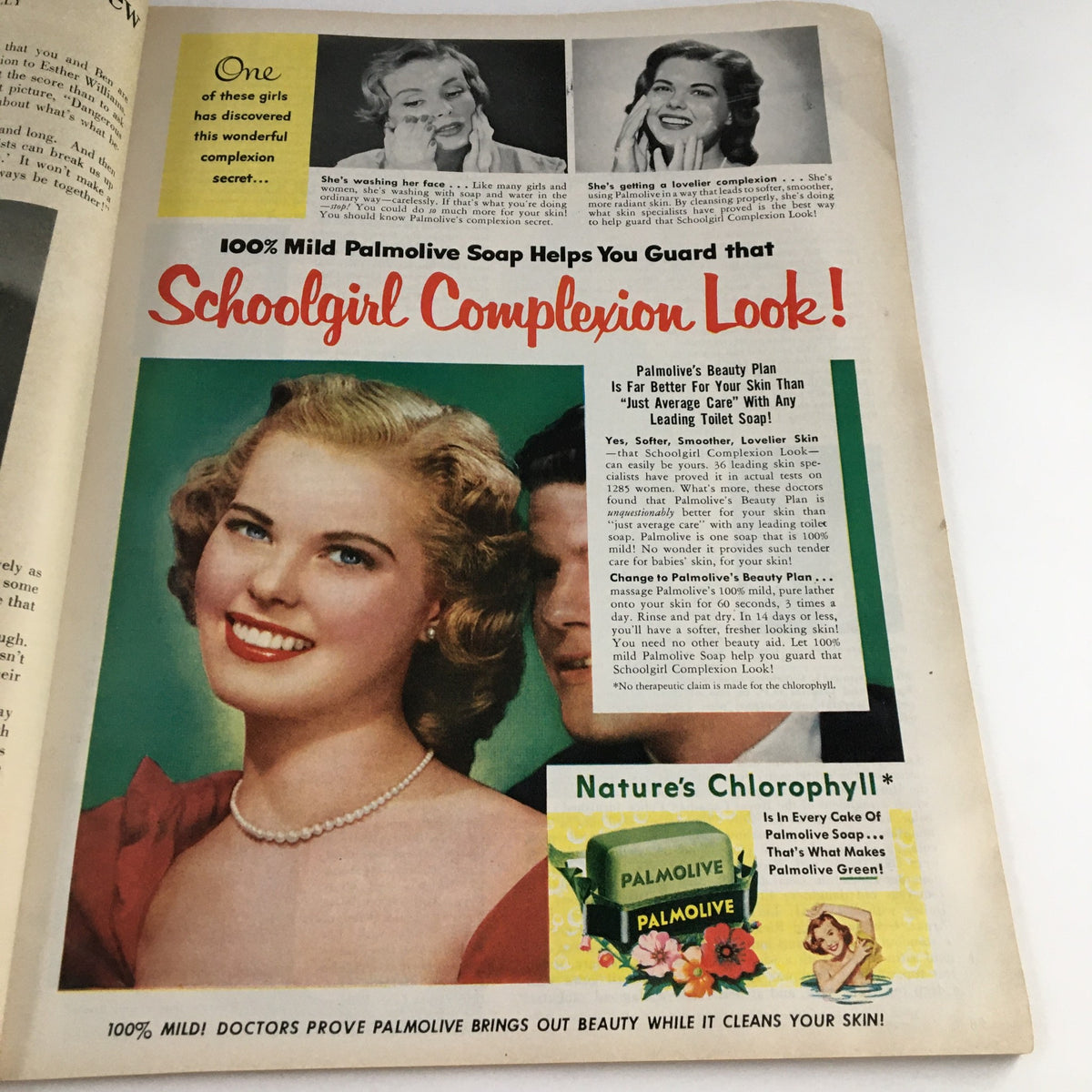 Vintage advertisement for Palmolive Soap promoting a 'Schoolgirl Complexion Look' featuring a smiling woman, from the February 1953 edition of Photoplay Magazine.