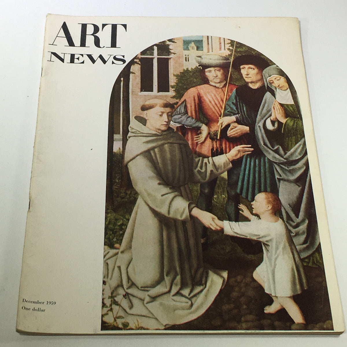 Cover of the December 1959 issue of Art News Magazine, featuring an artistic depiction of figures including a monk and a child, reflecting the art trends of the late 1950s, highlighting Clyfford Still and Philip Guston.