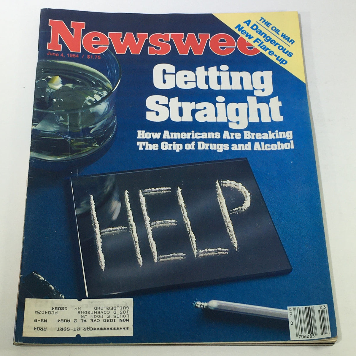 VTG Newsweek Magazine June 4 1984 featuring cover story 'Getting Straight' addressing drug and alcohol issues, with a visually striking design including a glass, a note saying 'HELP', and highlighted text about a new flare-up.