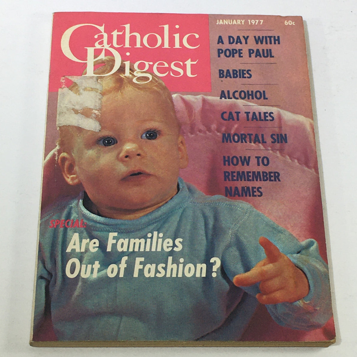Cover of the January 1977 issue of Catholic Digest Magazine featuring a baby and articles on family, faith, and a day with Pope Paul, highlighting themes of childhood and societal values of the 1970s.