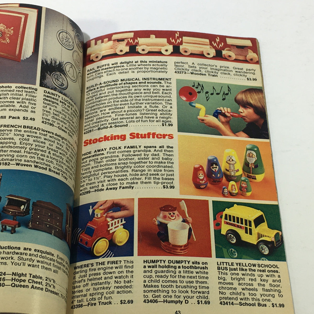 Another interior page of the VTG Rare Santa's Helpers Holiday Gifts Price Guide Catalog 1967 displaying stocking stuffer ideas and assorted holiday toys.