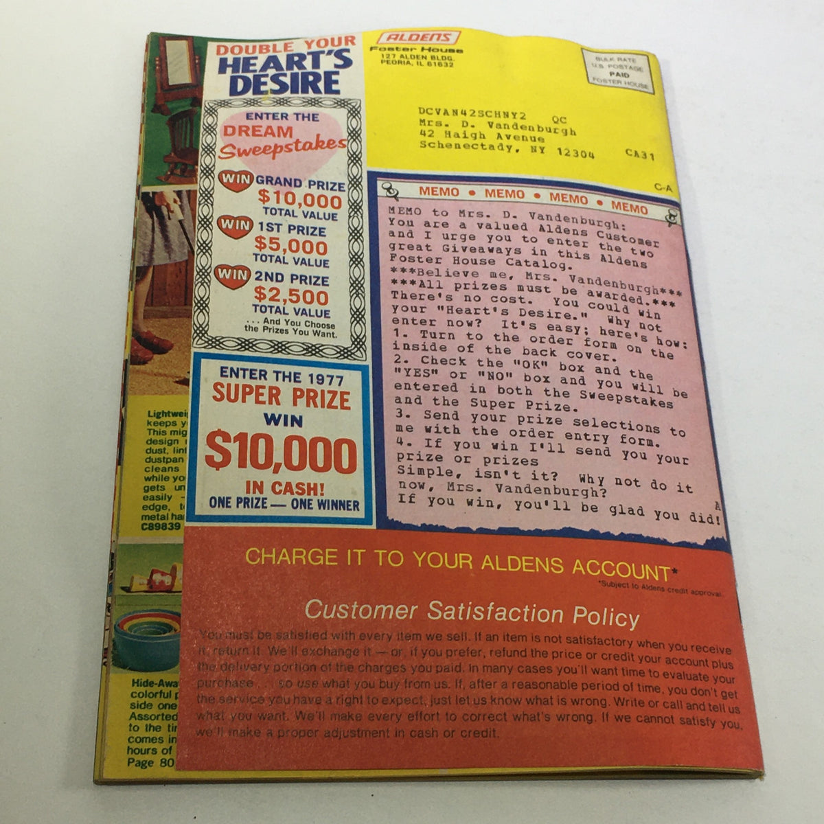 Back cover of the VTG Rare Aldens Foster House Price Guide Catalog 1977 showcasing a sweepstakes advertisement and customer satisfaction policy details.