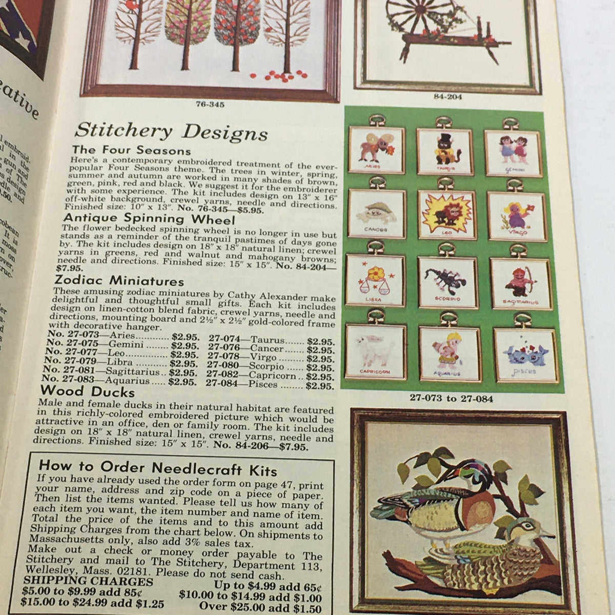Inside page of the VTG Rare The Stitchery 11th Year Price Guide Catalog Spring-Summer 1975 showcasing various stitchery designs including seasonal themes and zodiac miniatures.