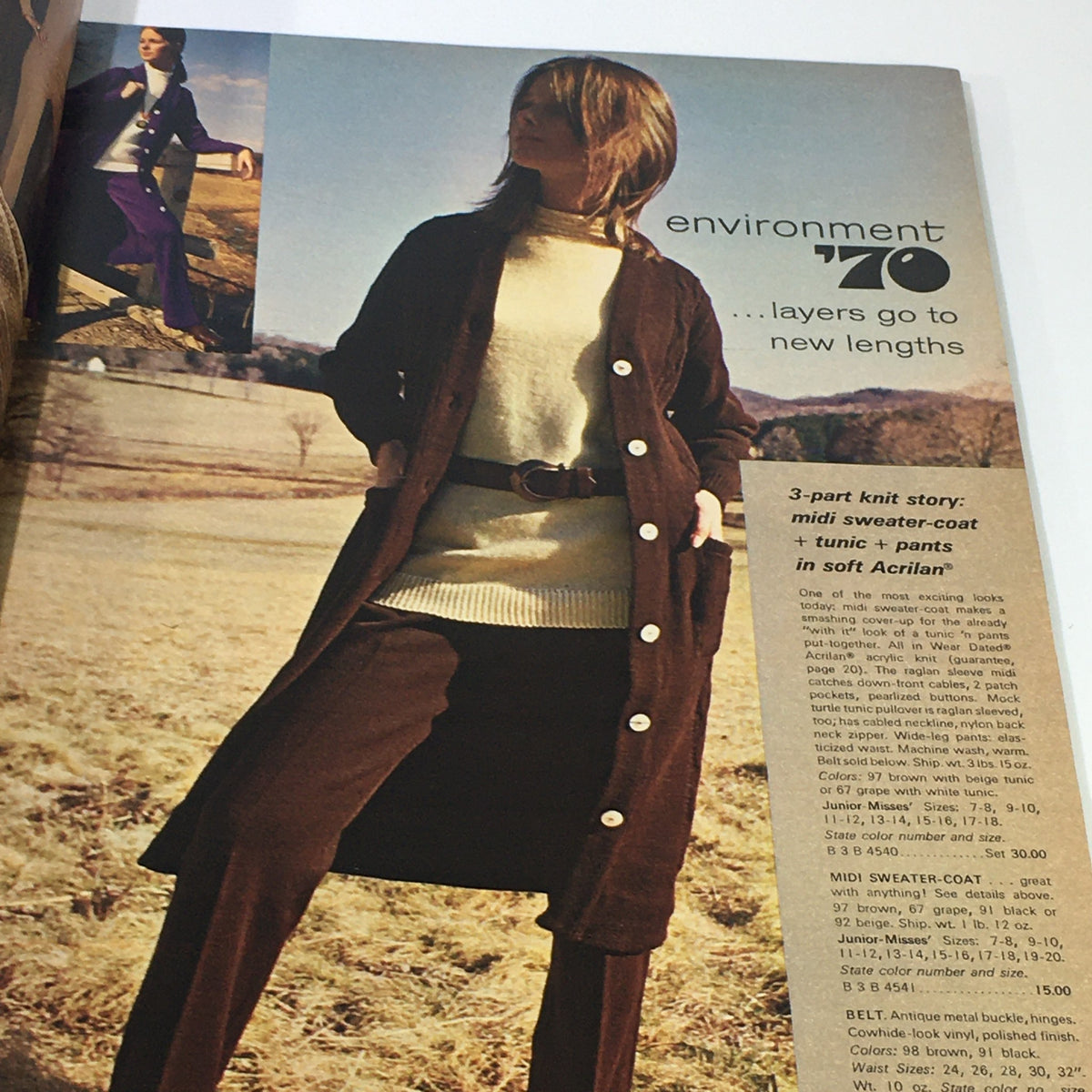 Interior page of the VTG Montgomery Ward Price Guide Catalog Fall-Winter 1970 displaying a fashion editorial on layered outfits, highlighting vintage styles and design.
