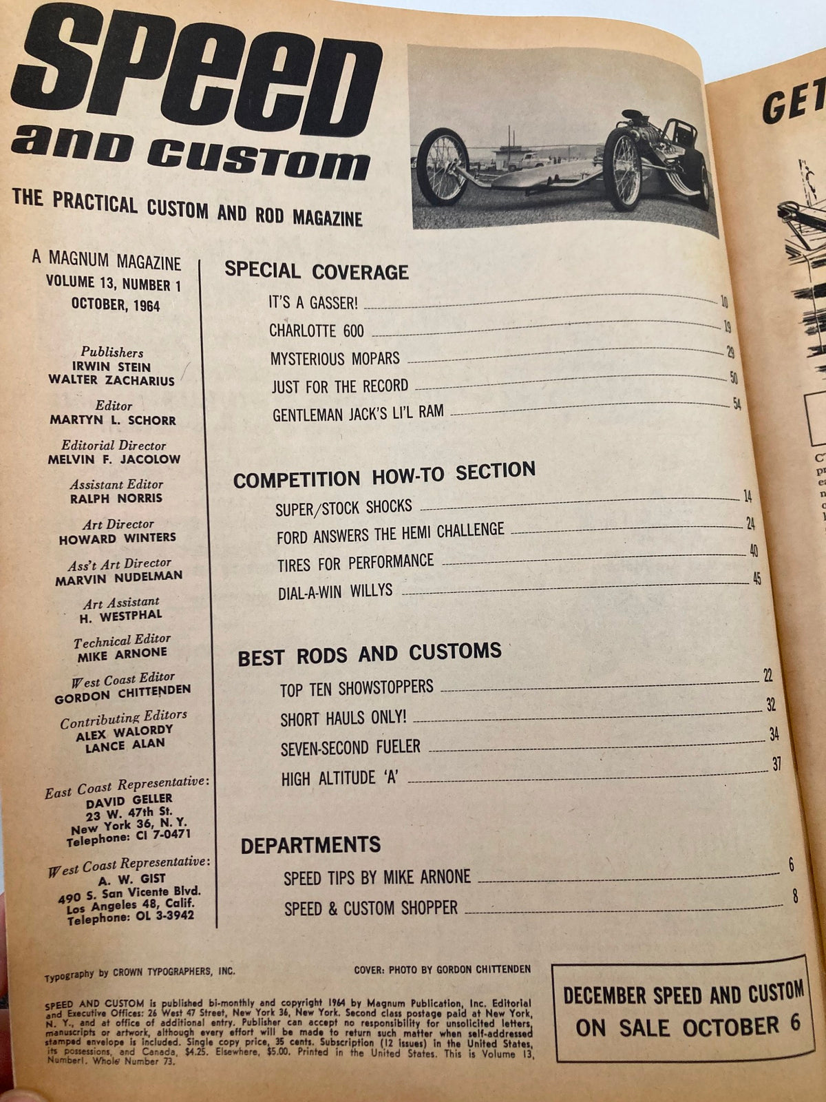 Contents page of VTG Speed & Custom Magazine October 1964 Vol 13 #1, detailing articles including 'It's a Gasser!' and information on top rods and customs.
