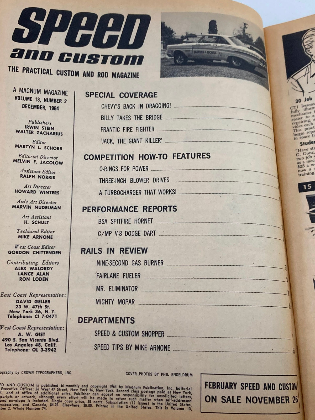 Inside page of VTG Speed & Custom Magazine December 1964 Vol 13 #2 showcasing the magazine's contents including special features on drag racing, customizing techniques, and articles such as 'Jack, the Giant Killer'.