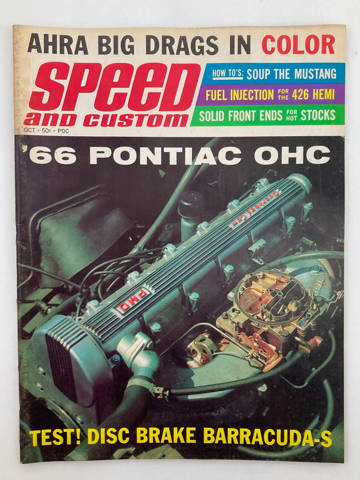 VTG Speed & Custom Magazine October 1965 displaying the cover with a focus on the '66 Pontiac OHC and featuring 'Disc Brake Barracuda' test articles.