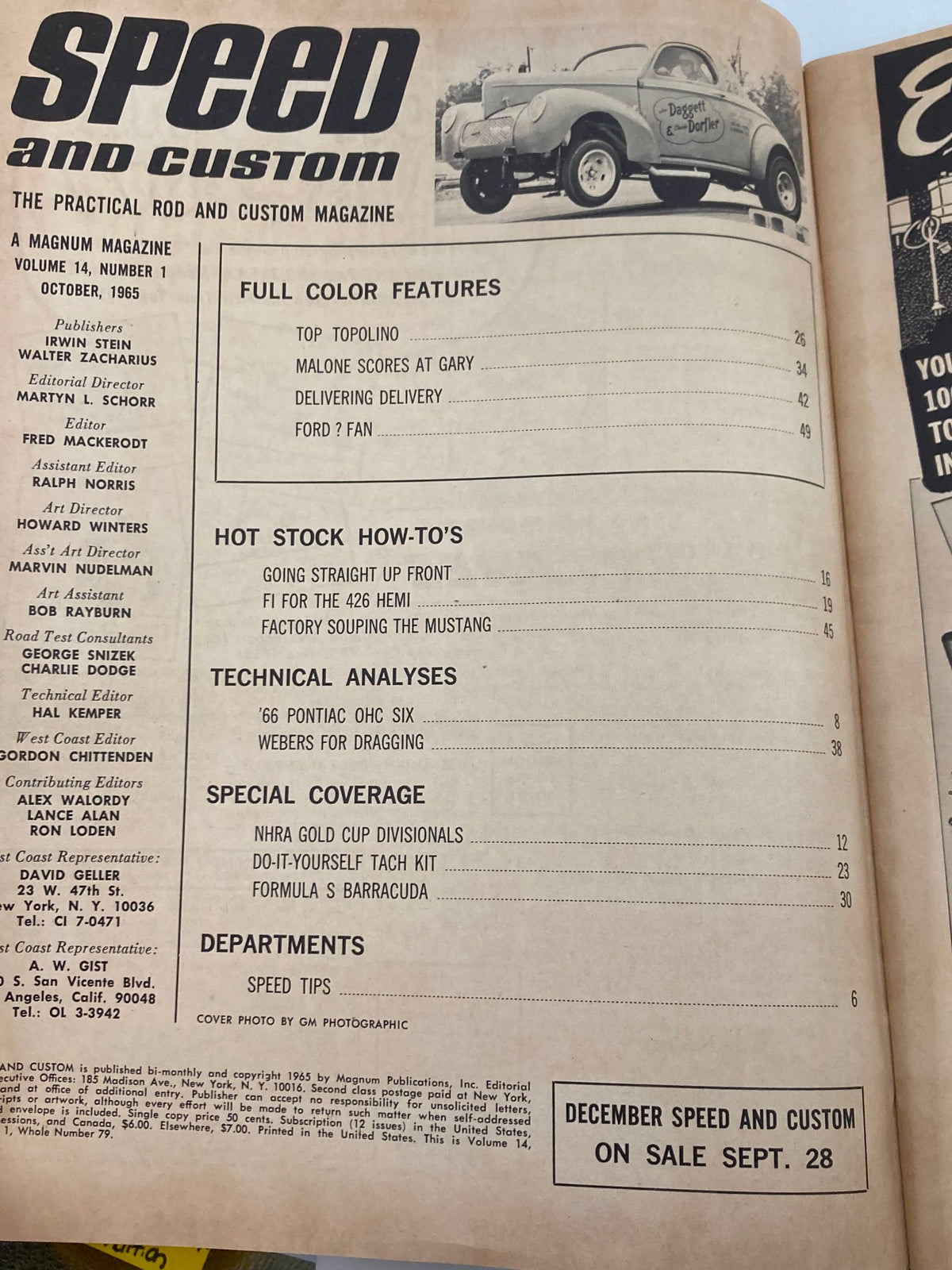VTG Speed & Custom Magazine October 1965 showcasing the table of contents, including features on hot stock how-to's and technical analyses.