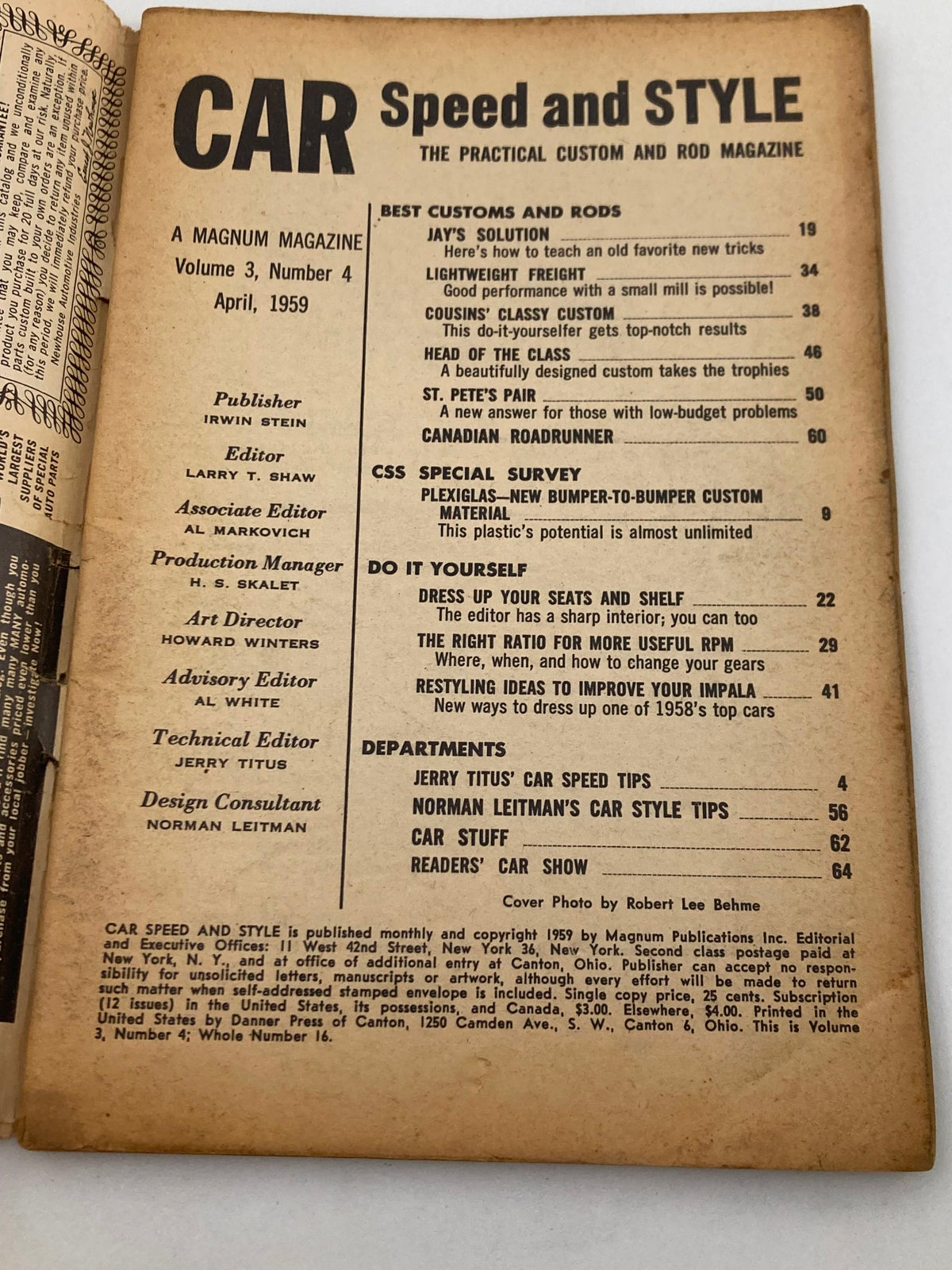 Contents page of VTG Car Speed & Style Magazine April 1959 showcasing automotive articles, features, and advertisements from Volume 3, Issue #4, also known as 'The Best Gears.'