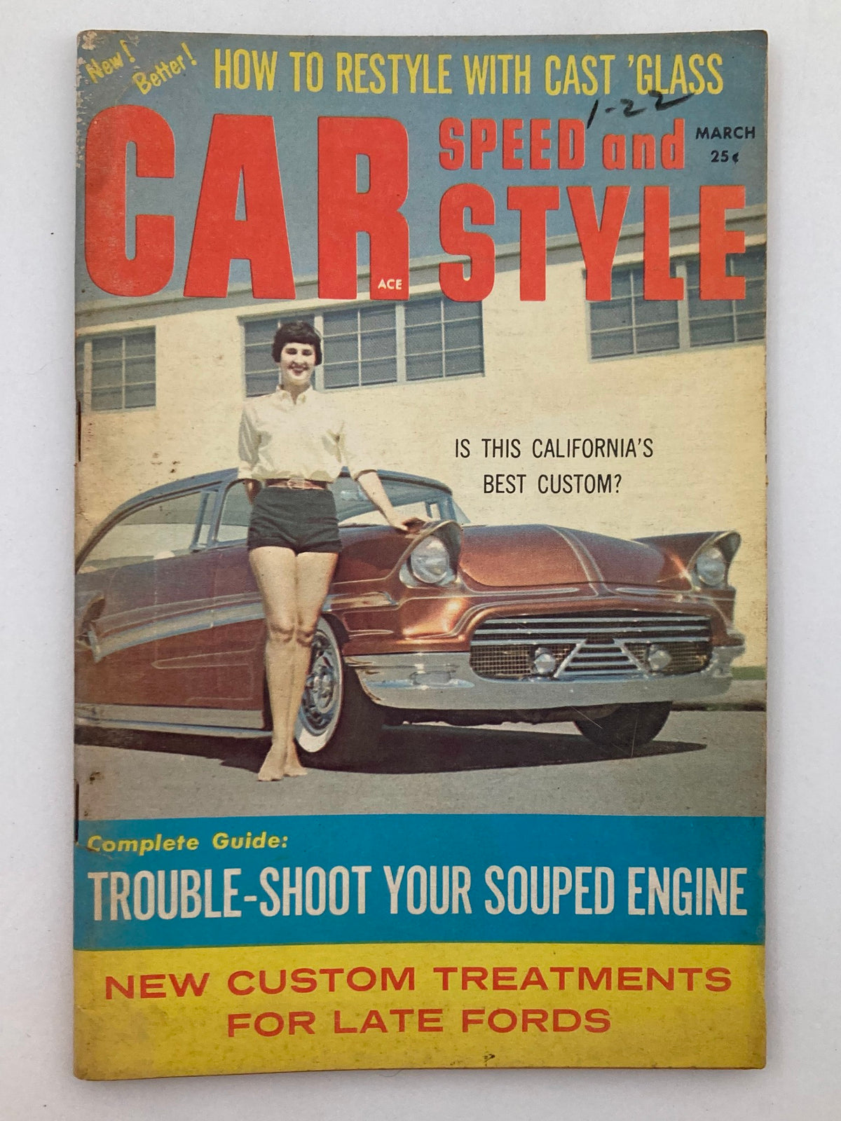 VTG Car Speed & Style Magazine from March 1959, featuring a stylish model beside a classic car on the cover, highlighting California's best custom vehicles.
