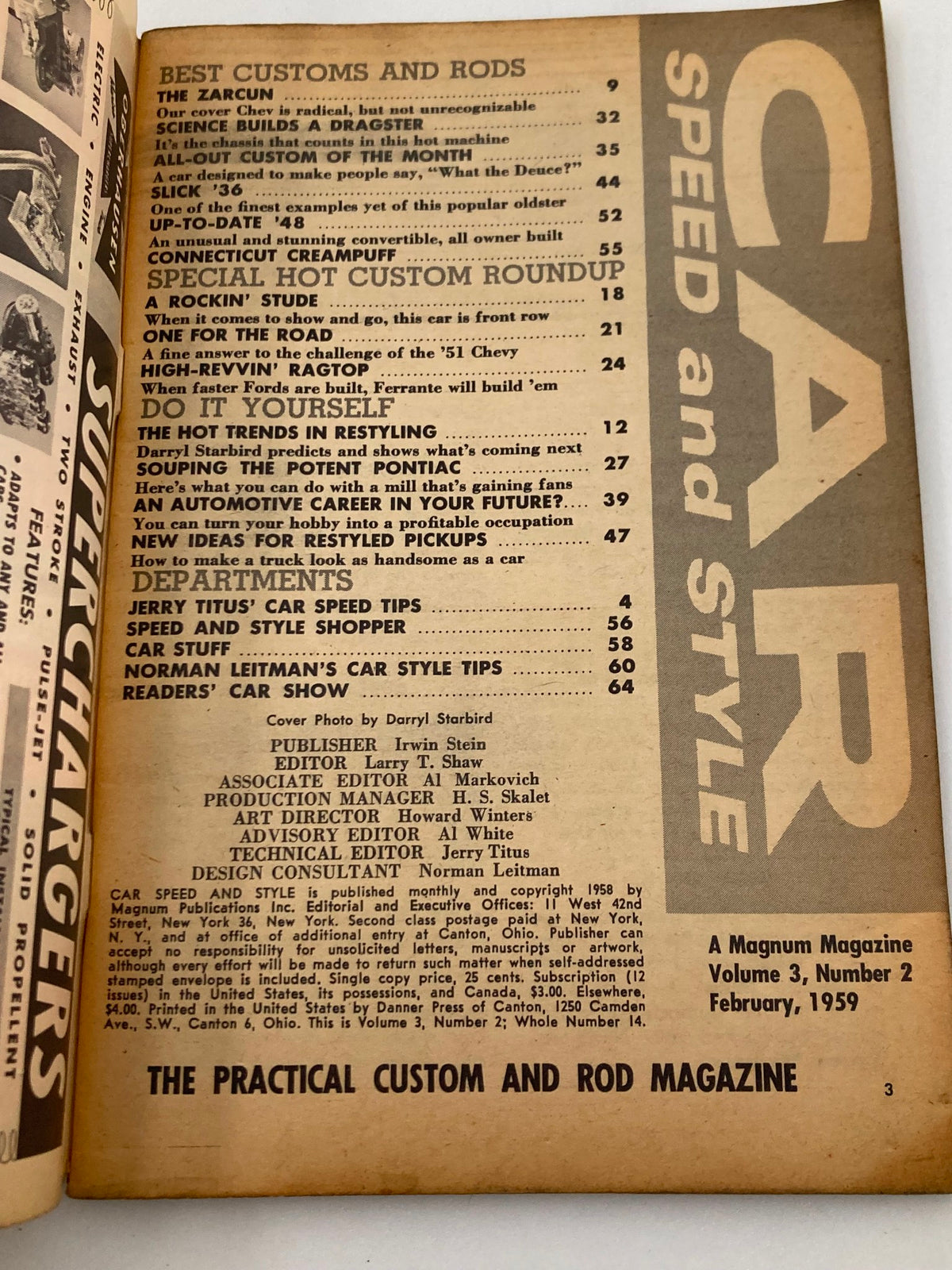 Interior page of VTG Car Speed & Style Magazine February 1959, Volume 3 Issue #2, displaying the table of contents and articles related to classic cars and customization.