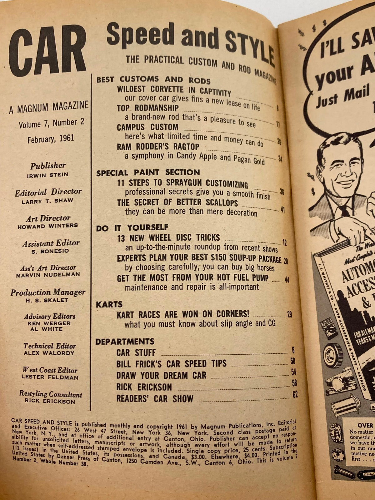 Interior page of VTG Car Speed & Style Magazine February 1961, Volume 7, Issue #2, featuring articles on custom cars, performance tips, and automotive culture.