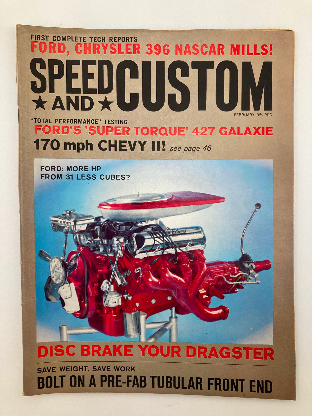 Cover of VTG Speed & Custom Magazine February 1964, Volume 12 No 3 featuring Ford's Super Torque 427 Galaxie, showcasing an impressive engine with textual highlights on customization and performance.