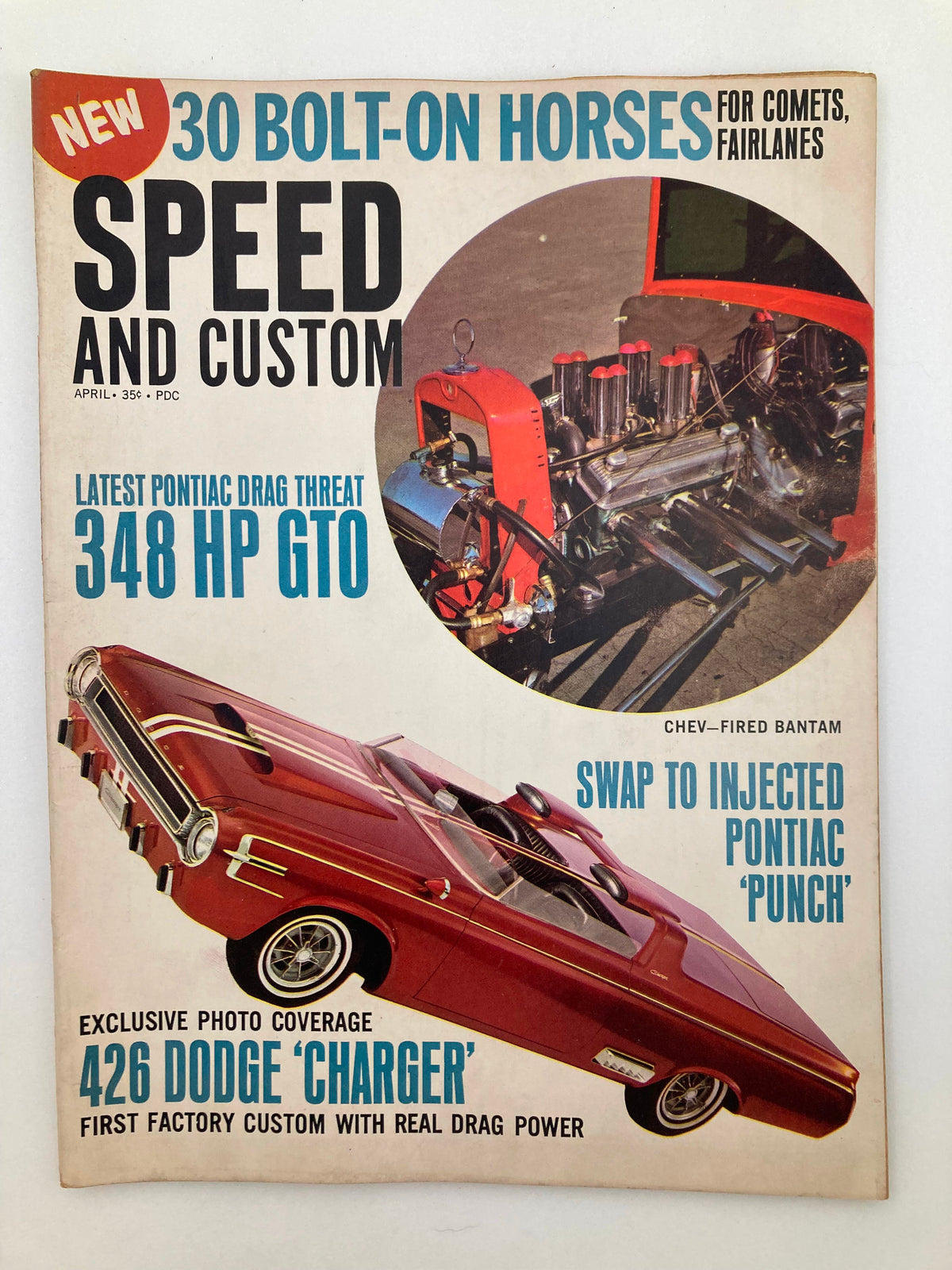 Cover of VTG Speed & Custom Magazine, April 1964, featuring Chev-Fired Bantam, showcasing automotive trends and performance tips from the 1960s.