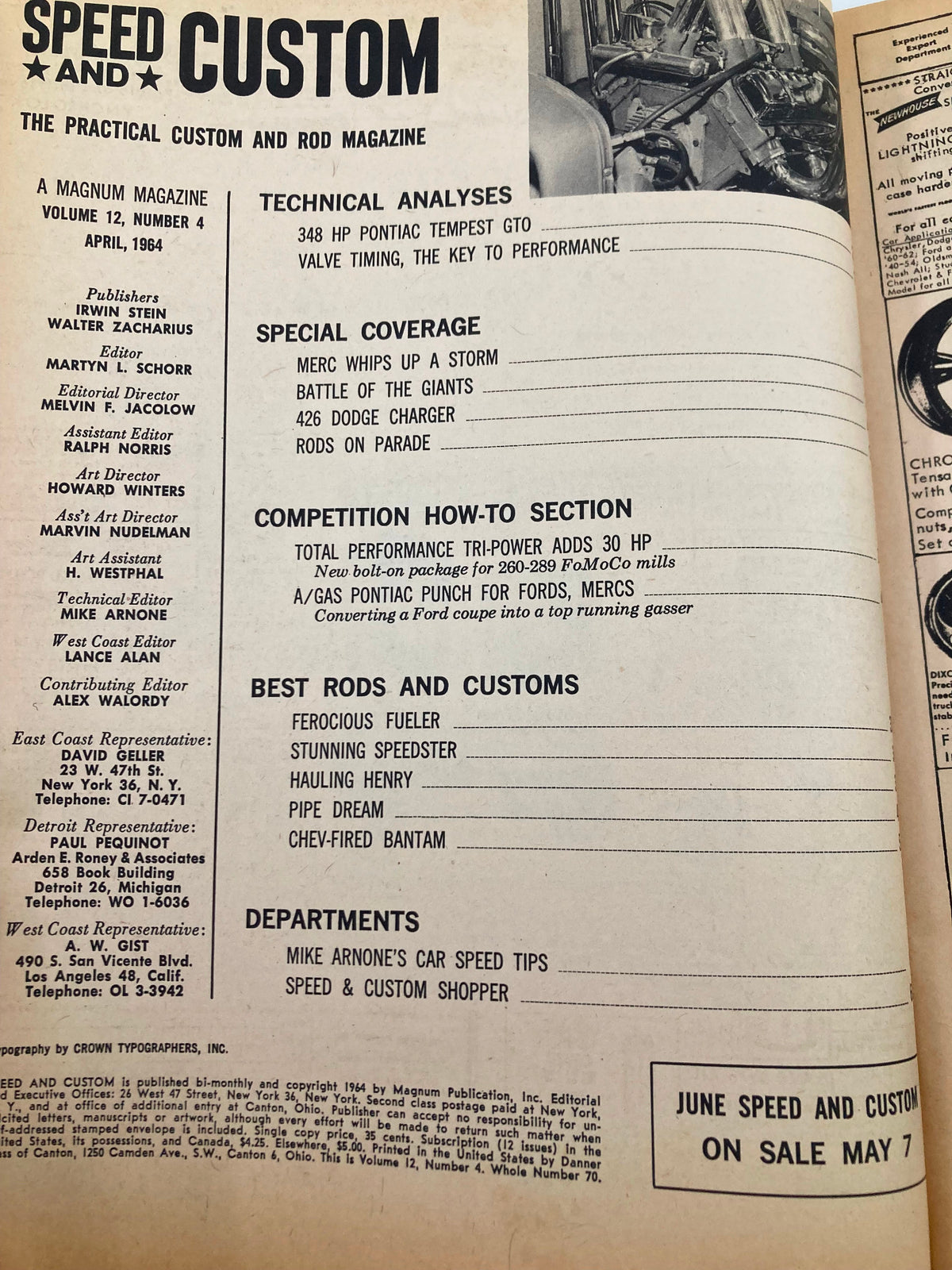 Table of contents page from VTG Speed & Custom Magazine, April 1964, Volume 12, Issue 4, highlighting featured vehicles and special coverage, including the Chev-Fired Bantam.