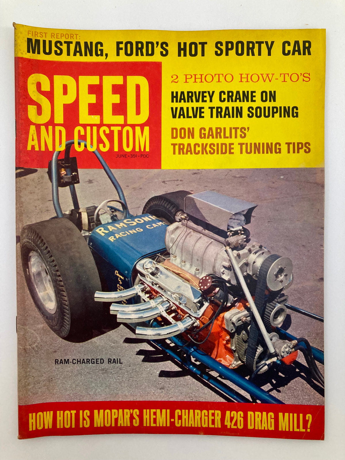 VTG Speed & Custom Magazine June 1964 featuring Ram-Charged Rail on the cover with automotive details showcasing racing engine and mechanics, perfect for vintage car enthusiasts.