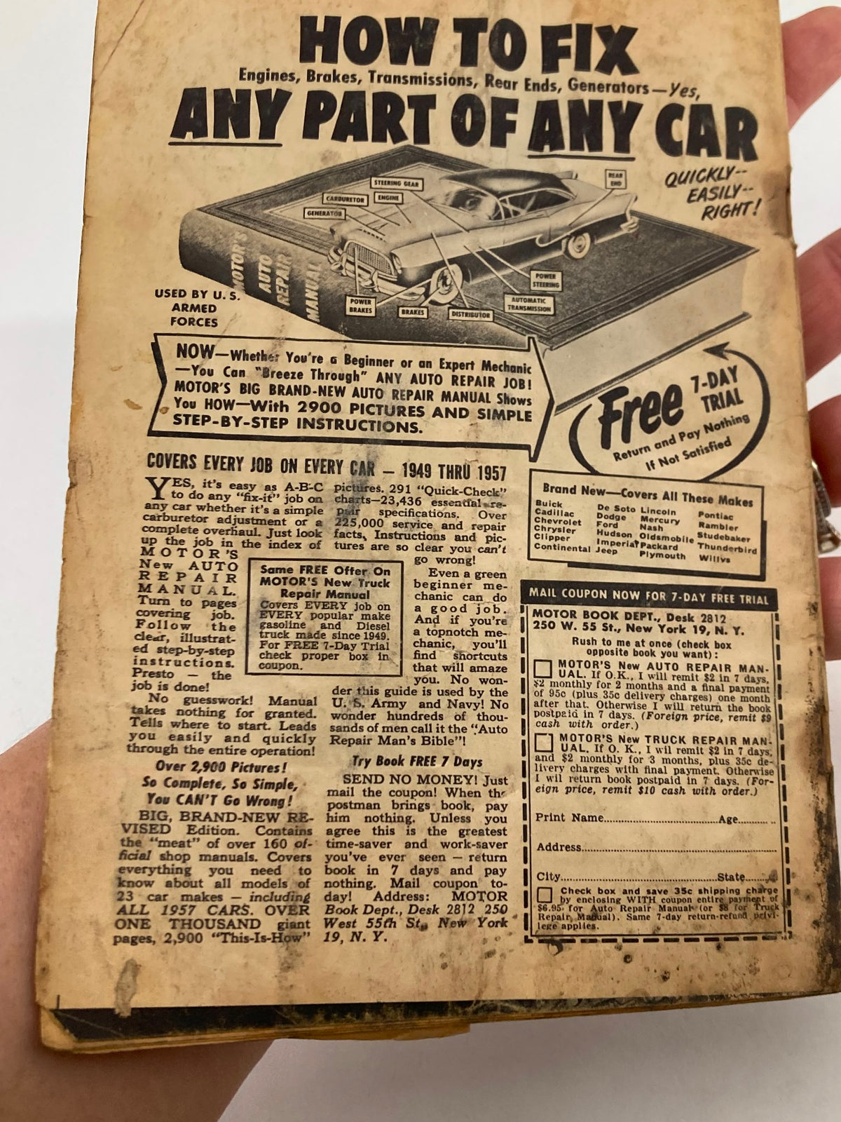 Back cover of VTG Car Speed & Style Magazine December 1957, advertising an auto repair manual with images and instructions for fixing various car parts.