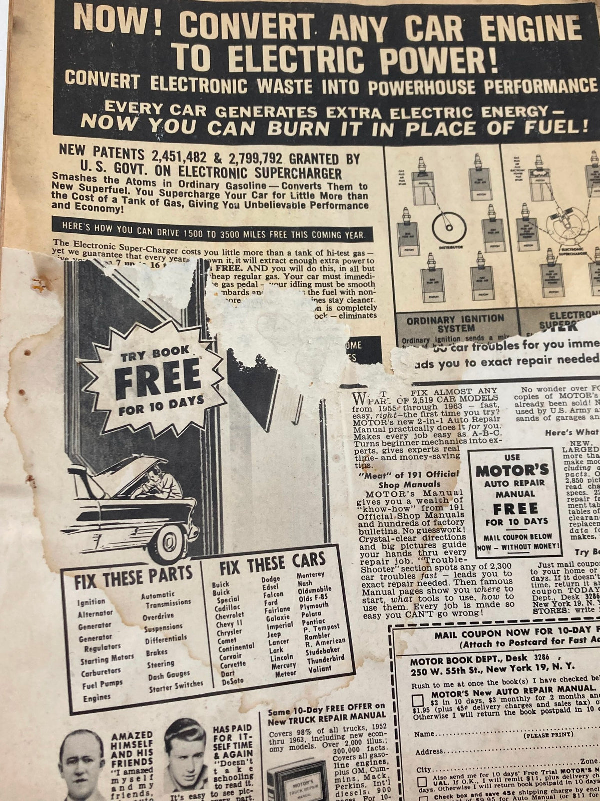 Advertisement from VTG Speed & Custom Magazine June 1963 Vol 11 #5 promoting conversion of any car engine to electric power, featuring instructional details and benefits.