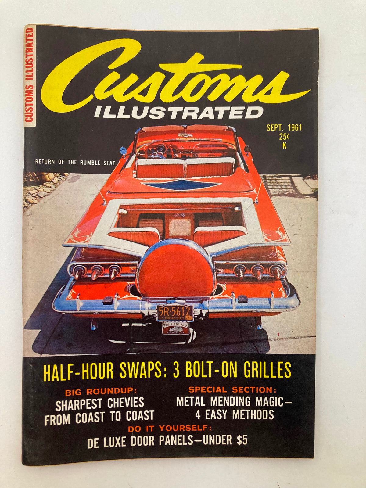 Cover of VTG Customs Illustrated Magazine September 1961, Volume 4 Issue 4 featuring a classic car with a vibrant red color and details about automotive topics, including customization, half-hour swaps, and DIY projects.