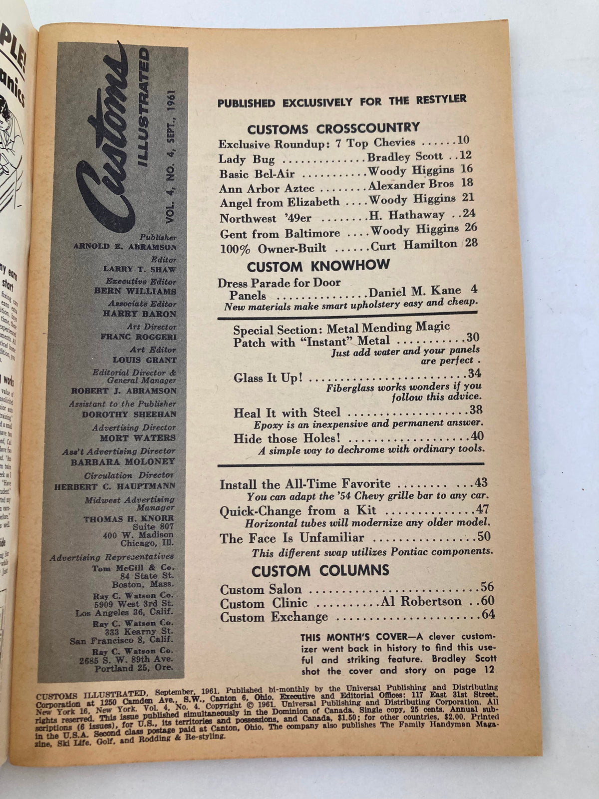 Inside page of VTG Customs Illustrated Magazine, September 1961, Vol 4 #4 featuring the table of contents and sections like 'Customs Crosscountry' and 'Custom Knowhow' for automotive enthusiasts.