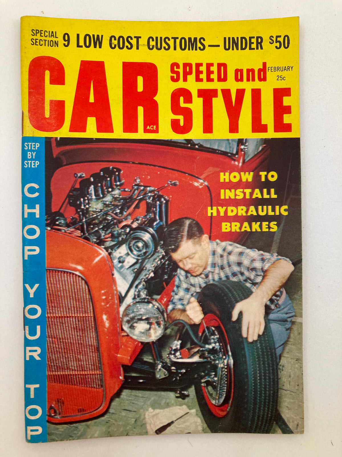 VTG Car Speed & Style Magazine from February 1960, Volume 5, Issue #2 featuring a striking cover design. The cover showcases a vintage car with a mechanic installing hydraulic brakes, highlighting the magazine's focus on automotive technology of the era.