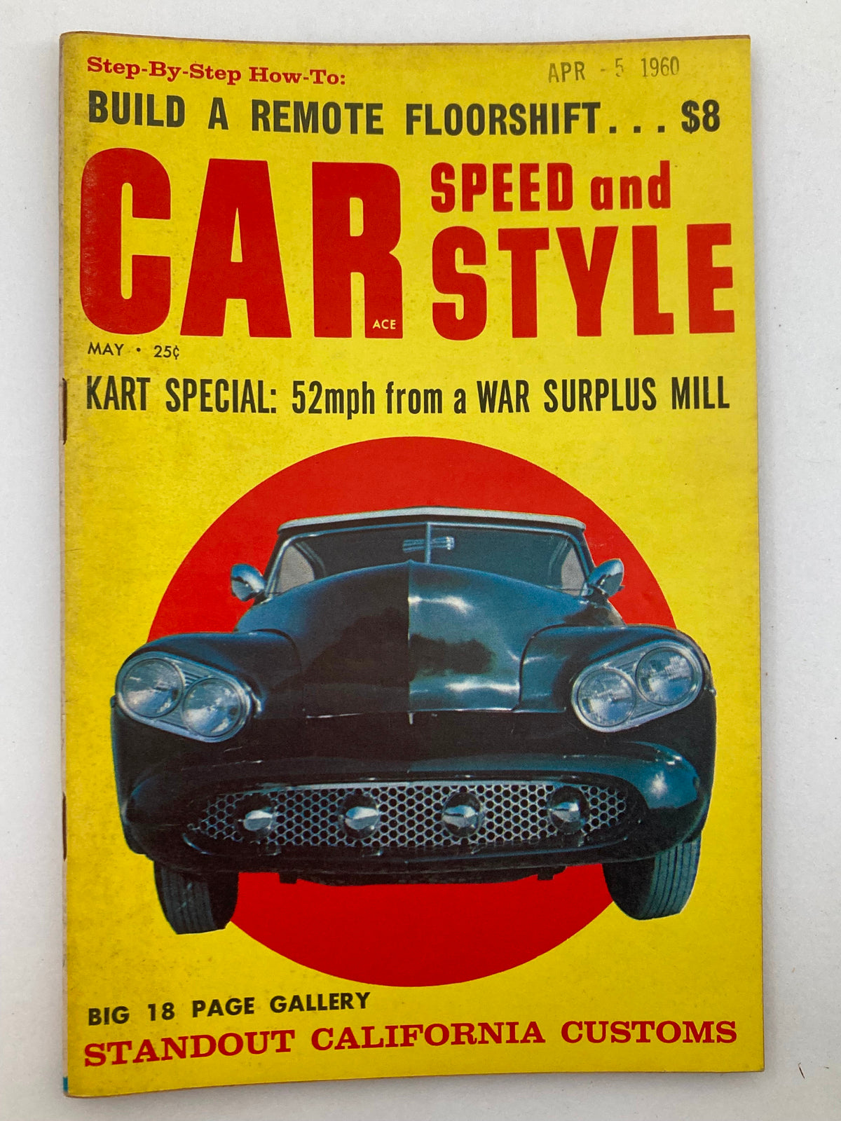 Cover of VTG Car Speed & Style Magazine May 1960, Volume 5, Issue 5 featuring a black classic car, bright yellow and red design, and headlines about automotive tips and features.