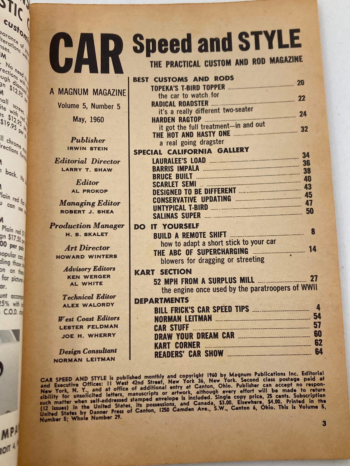 Inside page of VTG Car Speed & Style Magazine, May 1960, Volume 5, Issue 5, showcasing the magazine's editorial content and layout, reflecting vintage automotive culture.